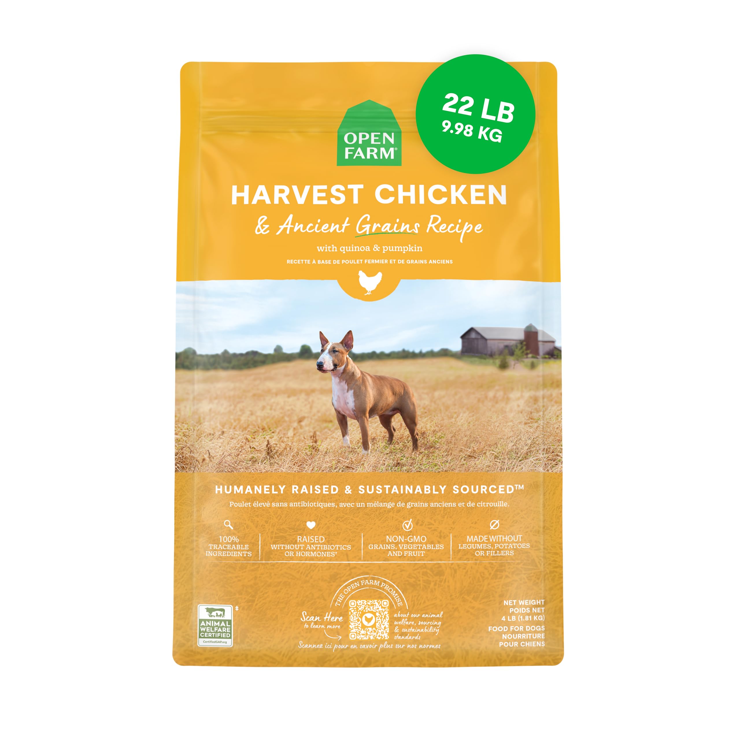 Open Farm, Ancient Grains Dry Dog Food, Protein-Rich & Nutrient Dense, 90% Animal Protein Mixed with Non-GMO Fruits, Veggies and Superfoods, Harvest Chicken Recipe, 22lb Bag