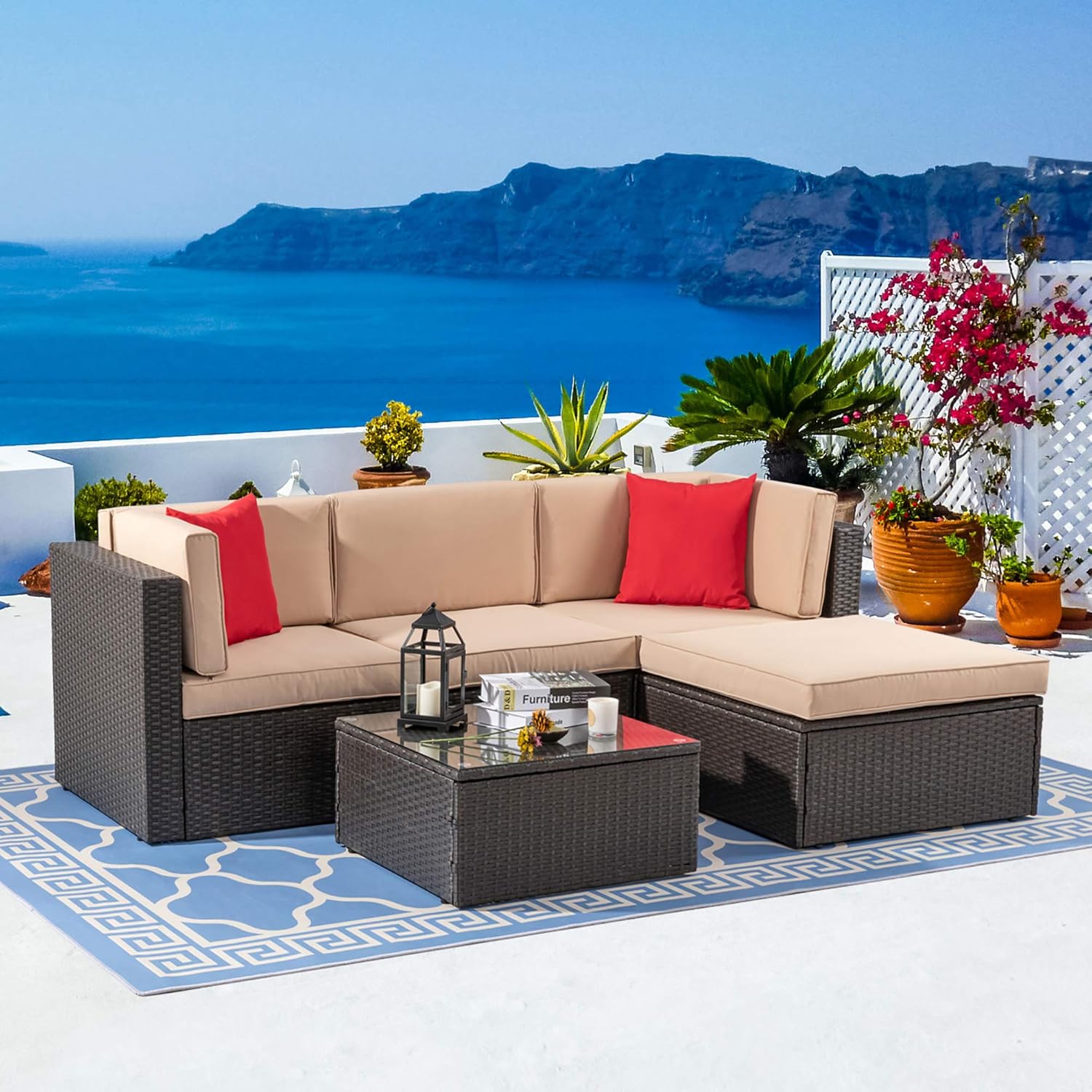 Vongrasig 5 Piece Patio Furniture Sets, Outdoor Patio Set Sectional Sofa, All-Weather PE Rattan Outdoor Couch with Ottoman, Glass Table for Garden, Backyard, Porch, Beige