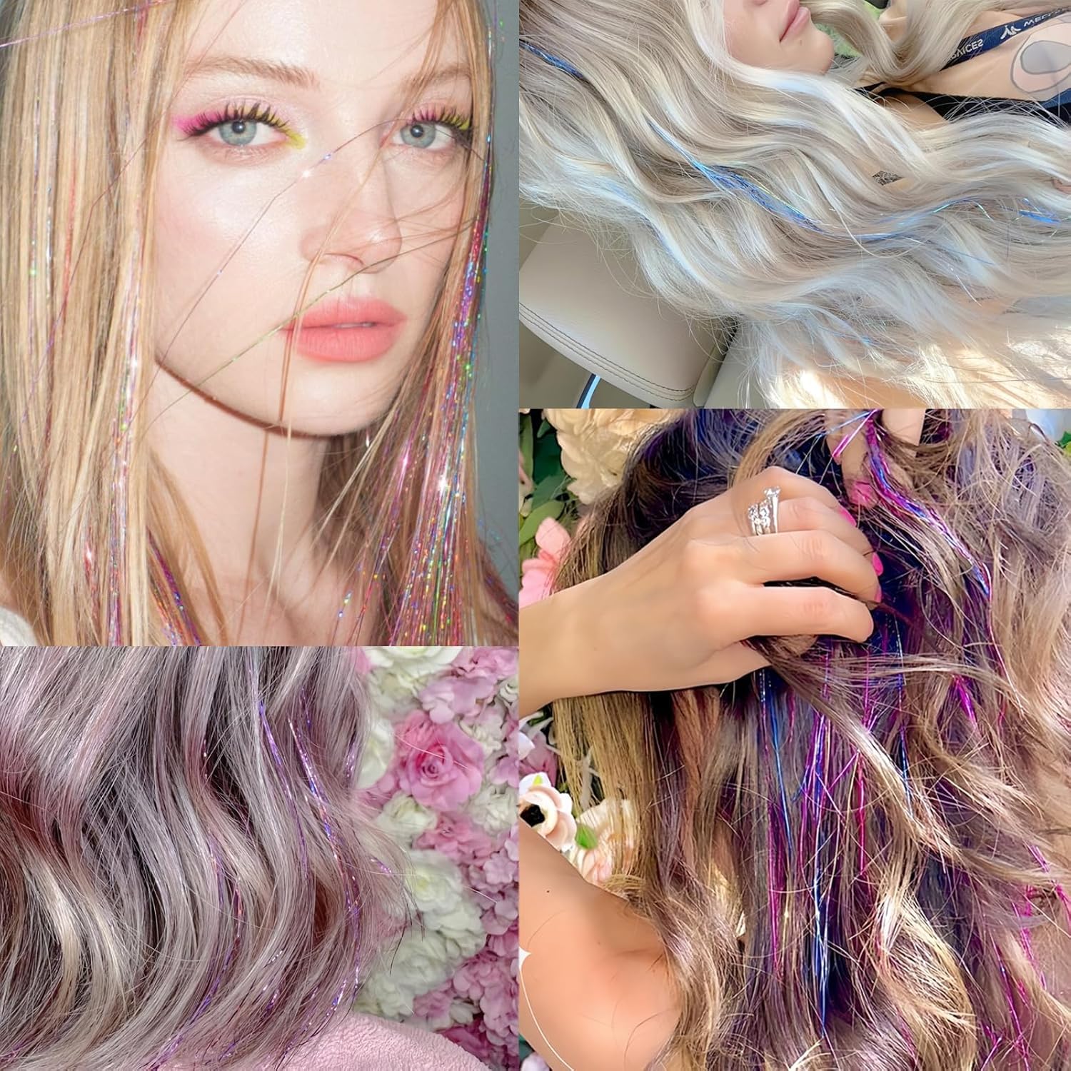 Hair Tinsel,18 Colors Hair Tinsel Kit for Girls 7600 Strands Fairy Tinsel Hair Extensions Holographic Hair Tinsel Heat Resistant Colored Hair Glitter Christmas Party Festival (18 Colors)