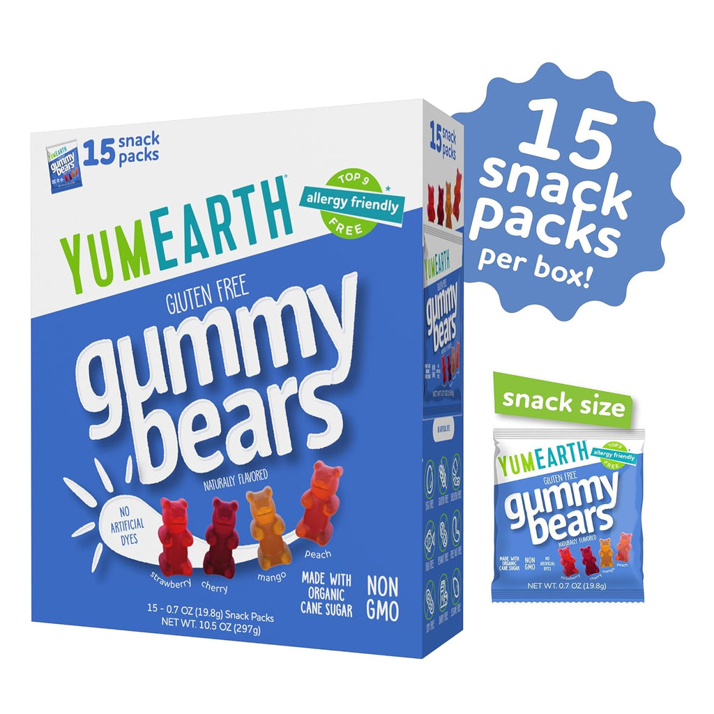 YumEarth Organic Gummy Bears - Fruity Gummy Candy Snack Packs, Gluten Free Snacks for Kids - Allergy Friendly, Non-GMO, No Artificial Dyes - Assorted Flavors, 10.5 oz. (Pack of 15)