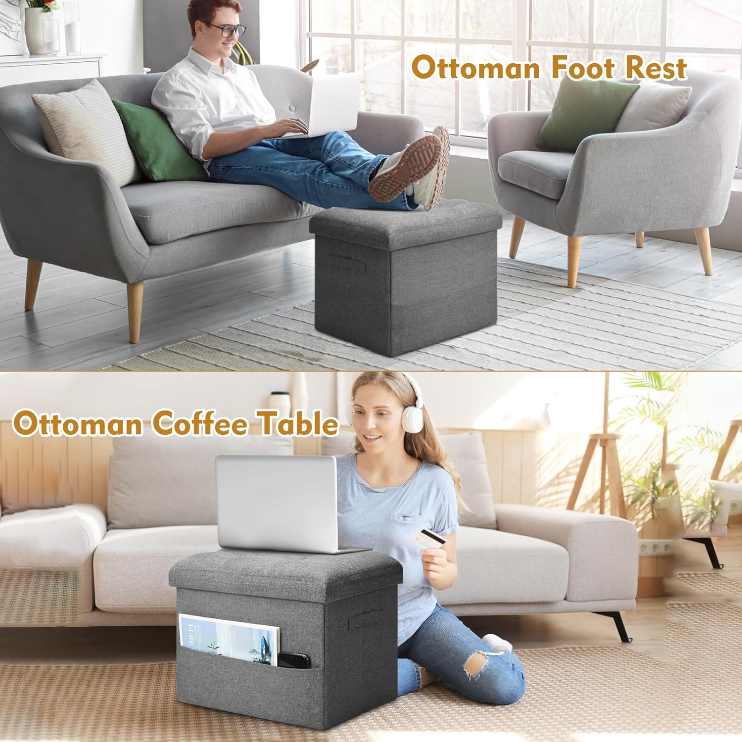 Storage Ottoman with Extra Thick Foam Padded Seat, Foldable Foot Rest Stool with Linen Fabric, 43L Ottoman with Storage Bench for Bedroom Living Room, Holds Up to 300lbs, 17x13x13in, Dark Gray