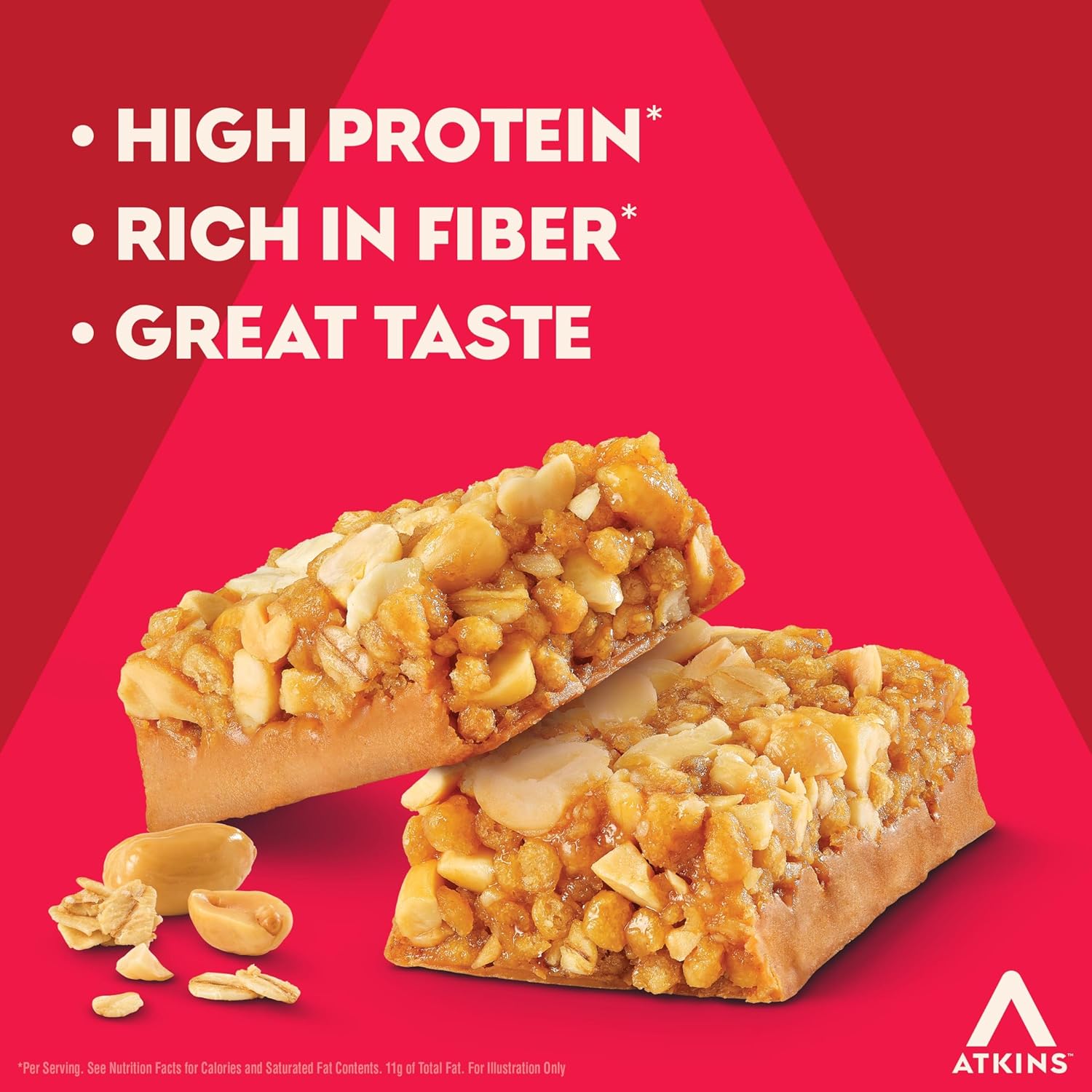 Atkins Peanut Butter Granola High Protein Bar, High Fiber Snack , 16g Protein, 1g Sugar, 4g Net Carb, Protein Snack, 12 Count