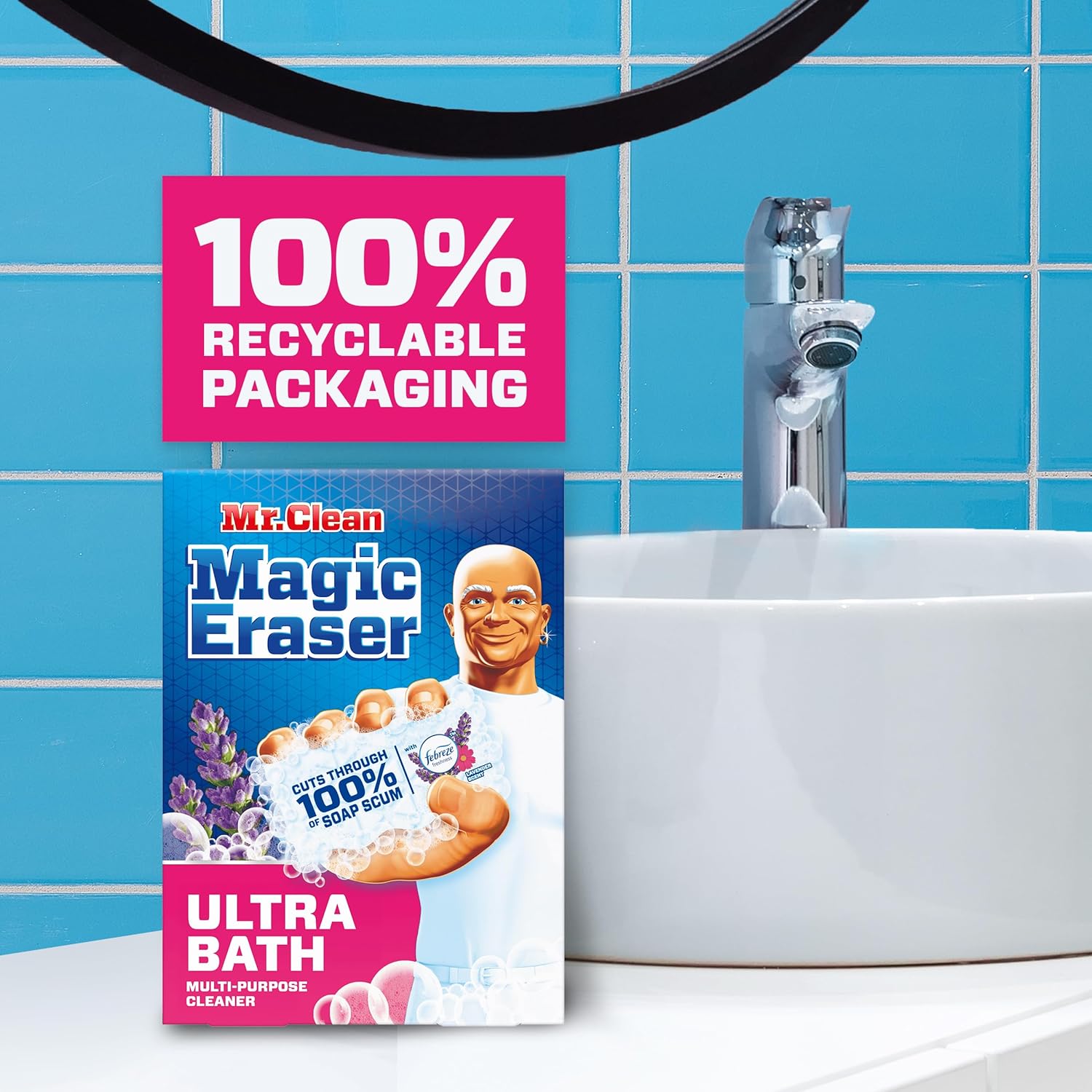 Mr. Clean Magic Eraser Sponge, Bathroom Cleaner, Shower Cleaner, Tub Cleaner, Soap Scum Remover, Bathroom Cleaning Supplies, Dawn Cleaning Power with Febreze Lavender Scent, Ultra Bath, 5ct