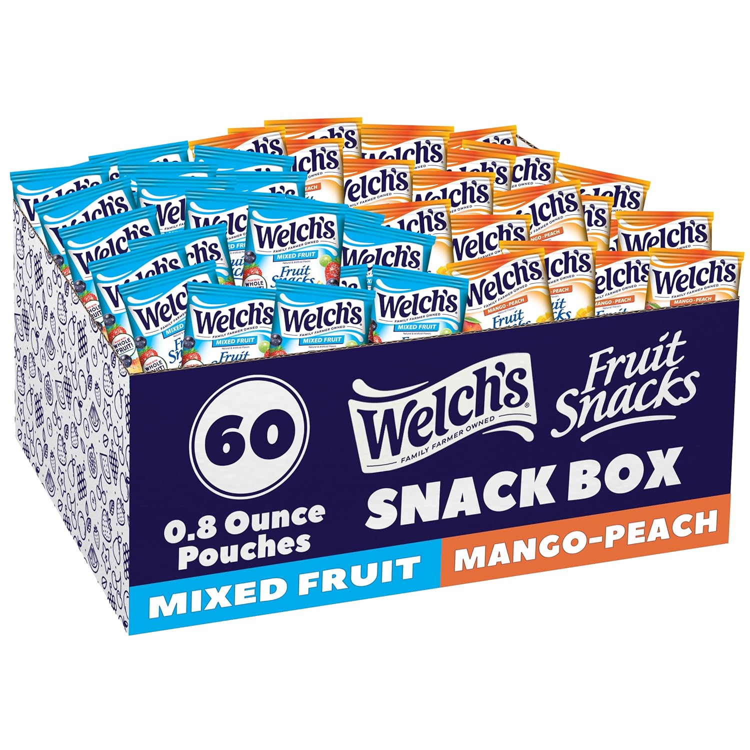 Welch's Fruit Snacks, Mixed Fruit & Mango Peach Snack Box, Gluten Free, Stocking Stuffers, 0.8oz Snack Packs (Pack of 60)