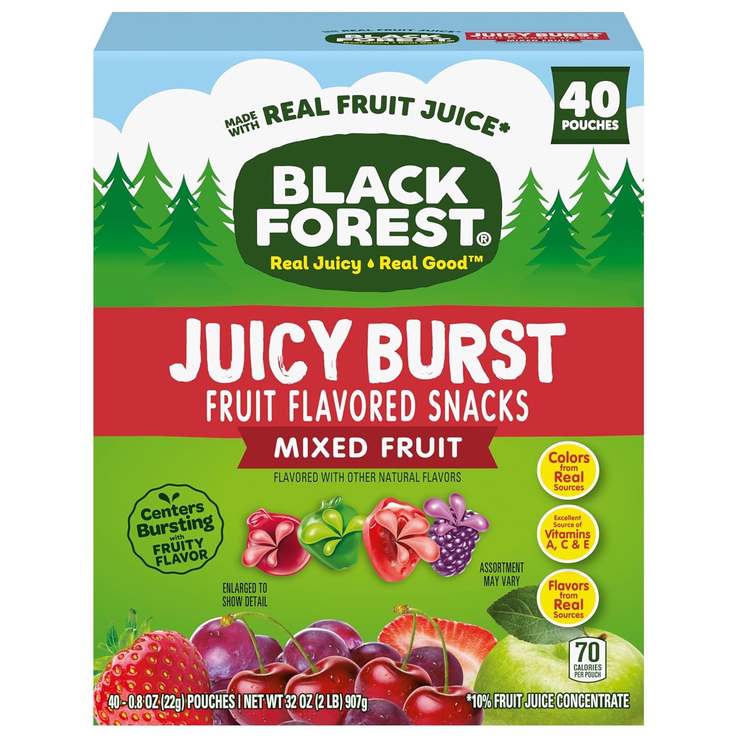 Black Forest, Juicy Burst, Fruit Flavored Snacks, Mixed Fruit Flavors, A Juicy Burst of Natural Flavors, Made with Real Fruit Juice, 0.8 oz 40 ct