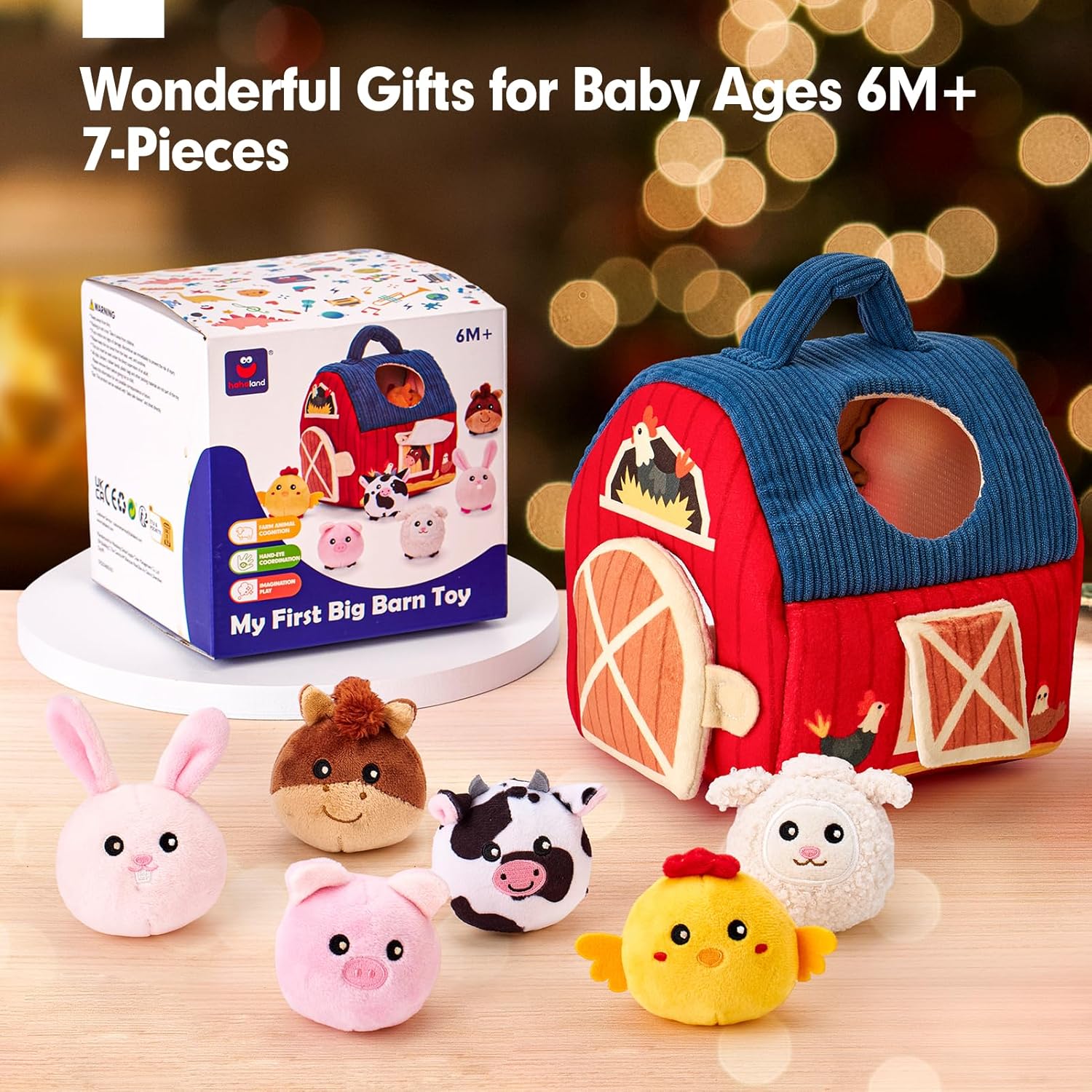hahaland Baby Toys 6-12 Months - Surprise Barn Stuffed Farm Animals, Rattle, Crinkle, Mirror, Montessori Toys for 6 Month Old Babies Sensory Balls Toddlers 1-3 Gifts Baby Stocking Stuffers