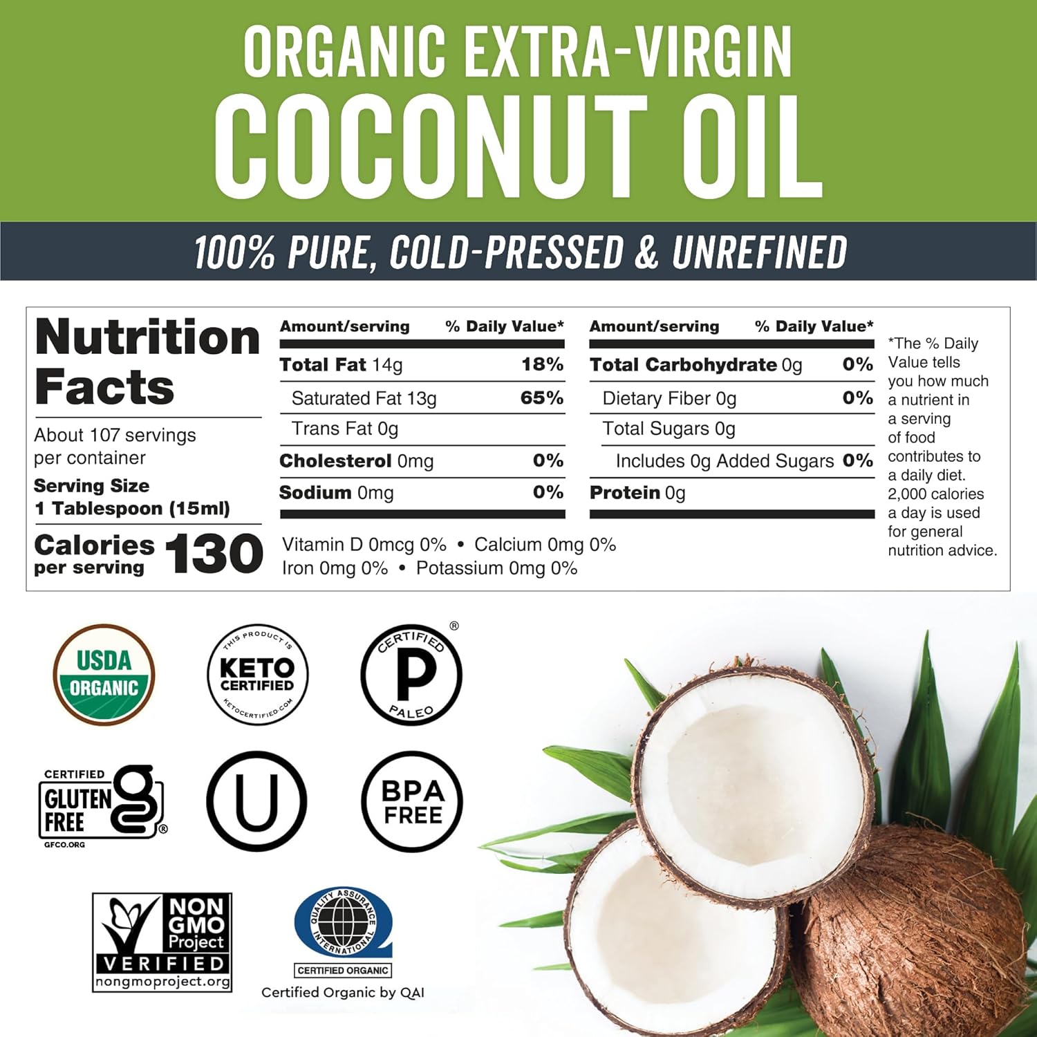 Viva Naturals Organic Coconut Oil, 54 fl oz – Unrefined, Cold-Pressed Extra Virgin Coconut Oil, USDA Organic & Non-GMO, Natural Cooking Oil, Hair Oil & Skin Oil
