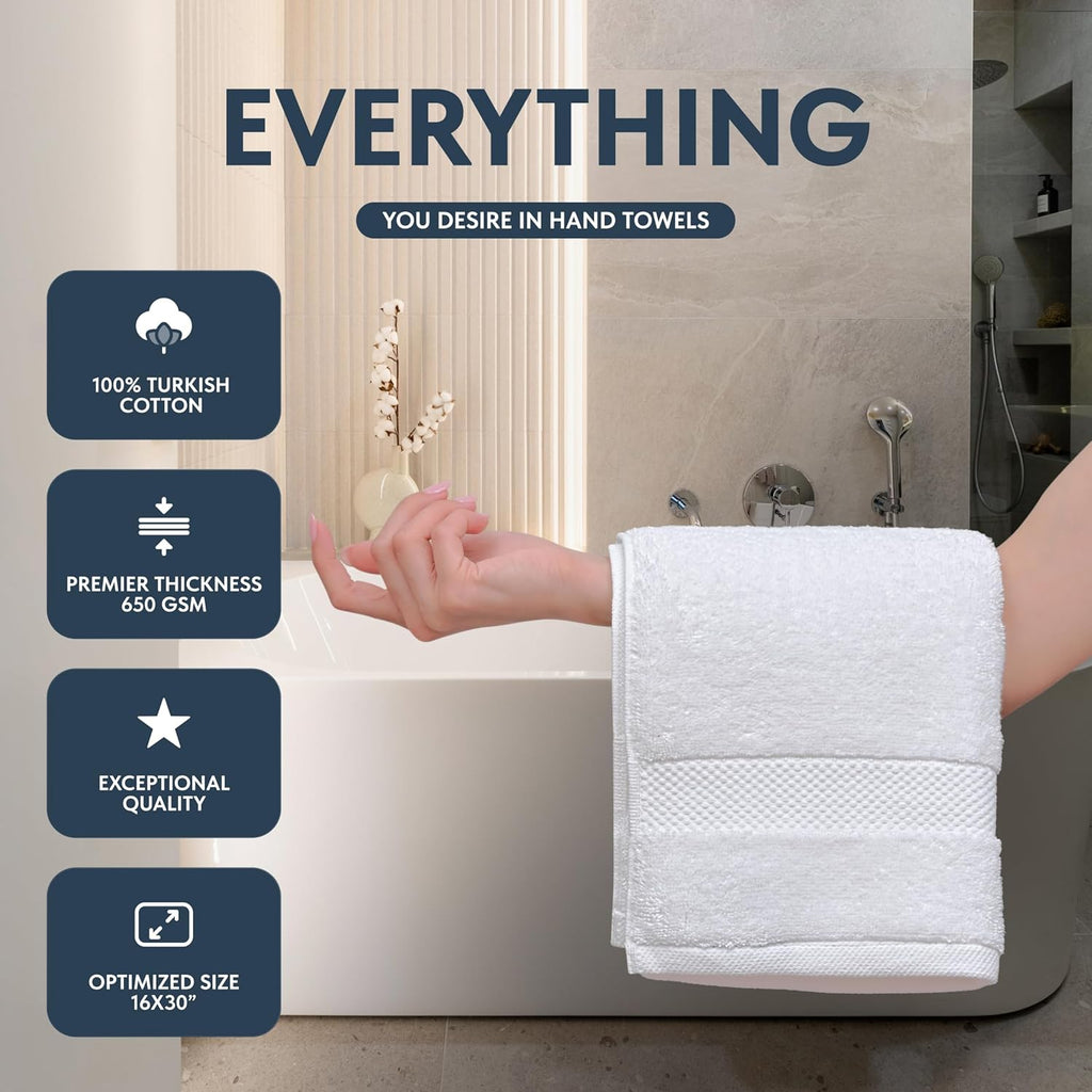 Luxury White Hand Towels - Soft 100% Turkish Cotton | Highly Absorbent Hotel spa Bathroom Towel Collection | 16x30 Inch | Set of 6