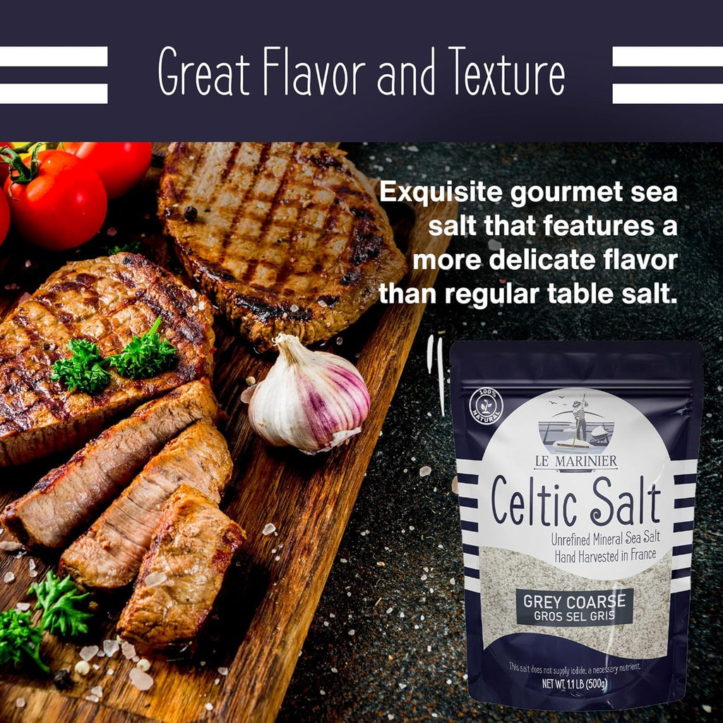 Le Marinier Celtic Salt Organic Grey Coarse, 1.1lb - 18oz. Mineral Rich 100% Natural and Unrefined French Sea Salt Organic. Hand Harvested Mineral Sea Salt, Sel Gris (1.1lb Grey Coarse)