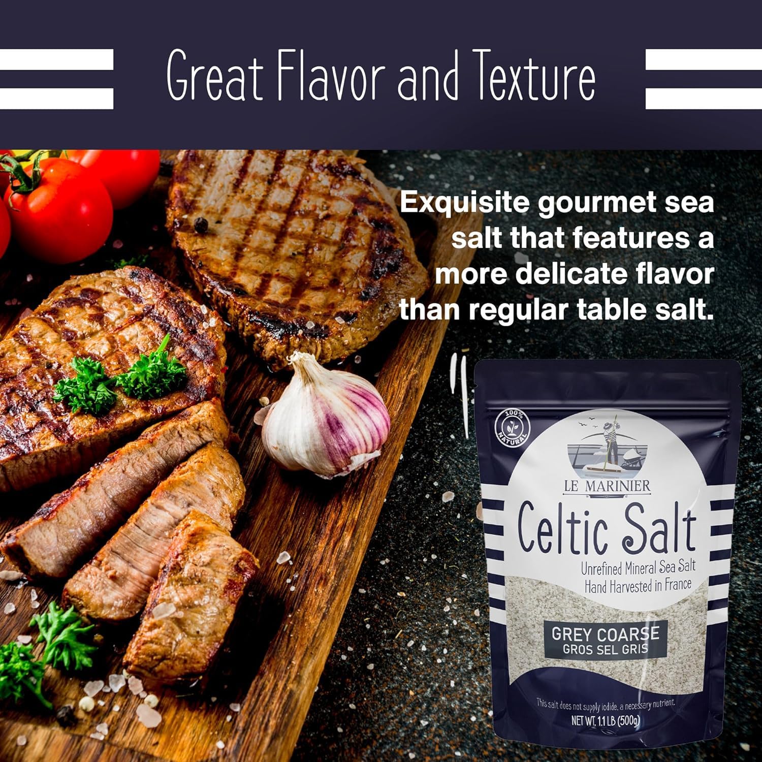 Le Marinier Celtic Salt Organic Grey Coarse, 1.1lb - 18oz. Mineral Rich 100% Natural and Unrefined French Sea Salt Organic. Hand Harvested Mineral Sea Salt, Sel Gris (1.1lb Grey Coarse)