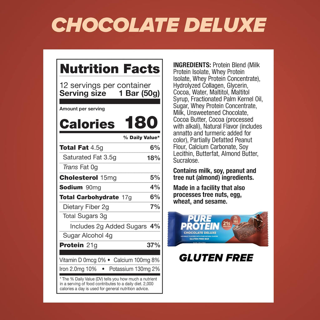 Pure Protein Chocolate Deluxe Protein Bars – 20g Protein, 3g Sugar, 190 Calories (12 count) Low Sugar* High Protein Snack - Gluten Free - Perfect for a Healthy Snack