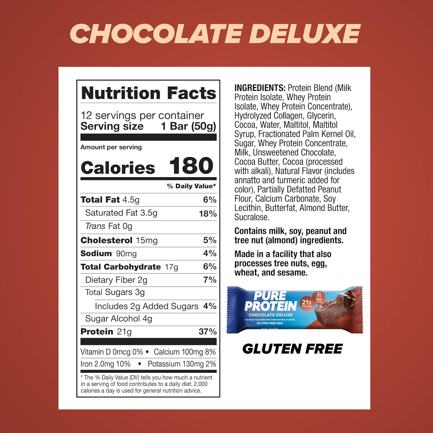 Pure Protein Chocolate Deluxe Protein Bars – 20g Protein, 3g Sugar, 190 Calories (12 count) Low Sugar* High Protein Snack - Gluten Free - Perfect for a Healthy Snack