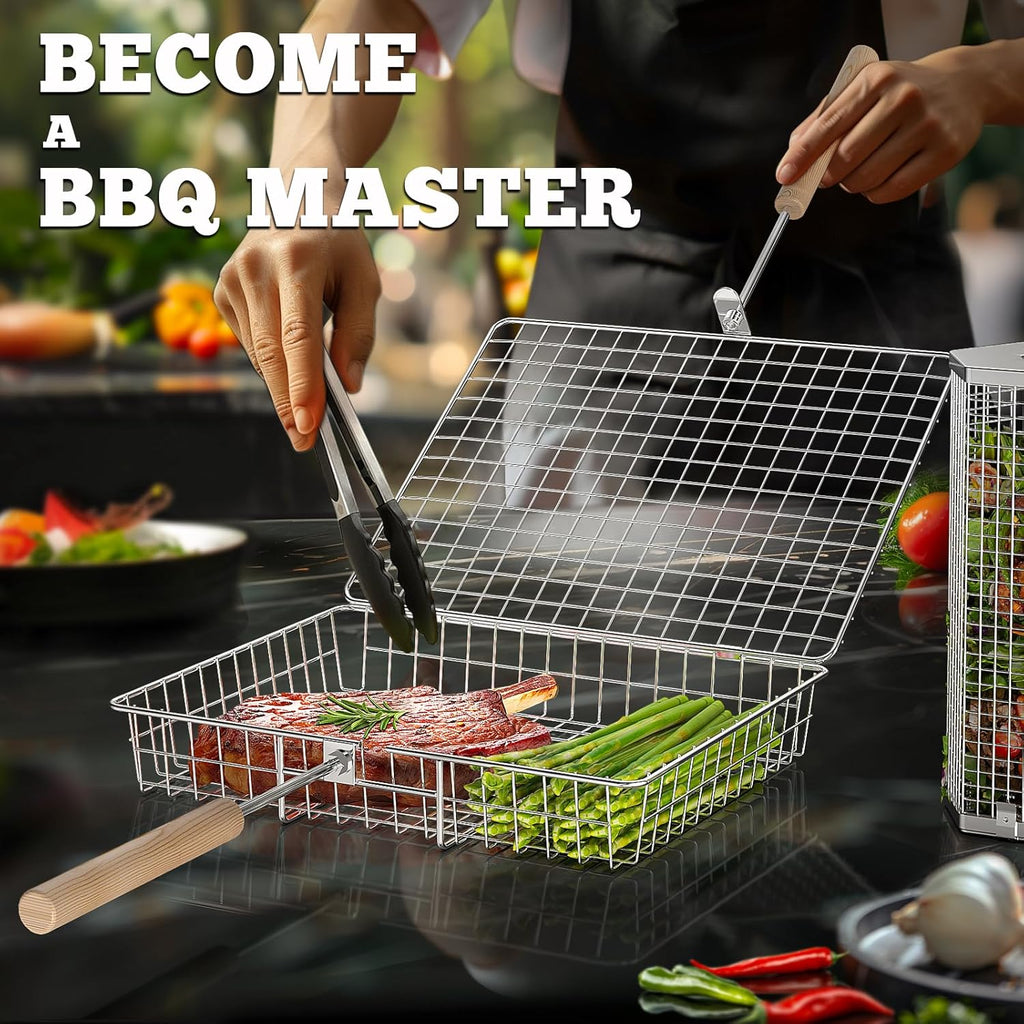 Grill Basket Set, Removable Wooden Handle, 304 Stainless Steel, Rolling BBQ Tools, Smoker Grilling Accessories for Vegetable Fish, Outdoor Cooking Camping, Birthday Gifts for Men Dad Husband