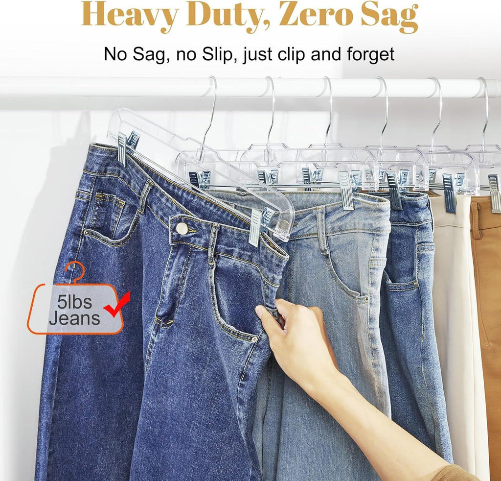 HOUSE DAY 12-Pack 14" Clear Plastic Skirt Hangers with Clips & Swivel Hook - Cart Shape