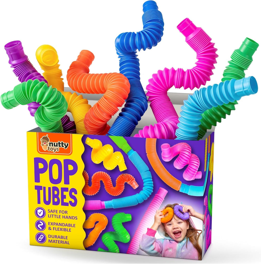 Nutty Toys Pop Tubes - Large 8-Pack Sensory Toys - Creative STEM Learning for Kids and Toddlers - Connect & Pop! Top ADHD Autism Fidget 2025, Best Boy & Girl Stocking Stuffers Gifts Idea