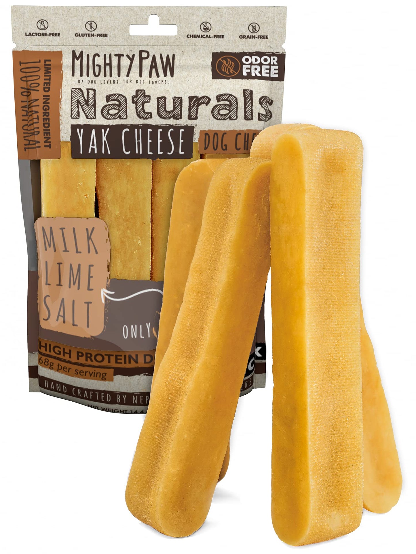 Mighty Paw Yak Cheese Dog Chews – All-Natural Long Lasting Hard Chew for Aggressive Chewers – High Protein, Odor-Free Dog Treat – 3 Ingredient Natural Yak Chews for Large Dogs – (4 Pack)