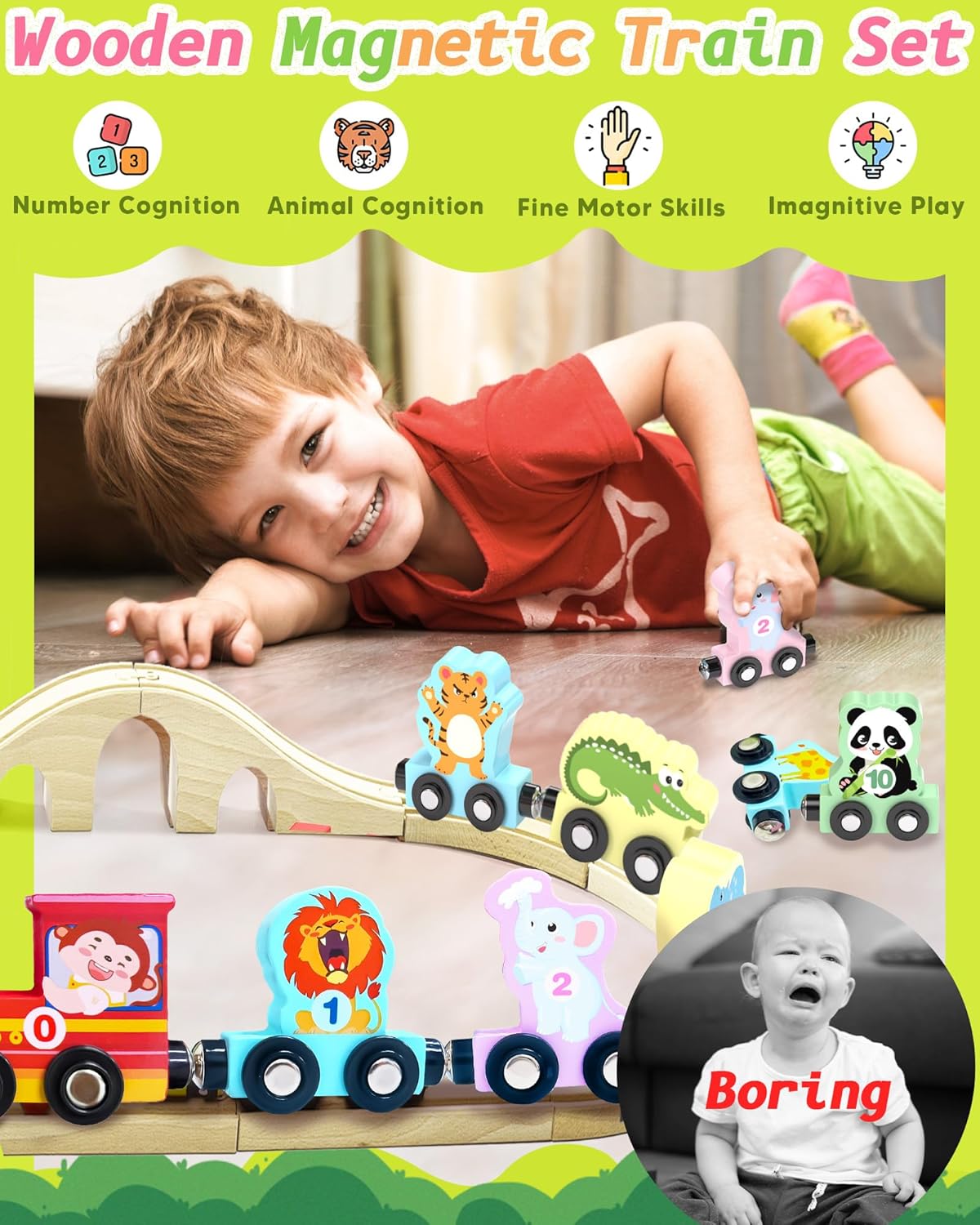 11 Pcs Magnetic Train Set Montessori Toys for Toddlers Boys Girls, Wooden Animals Preschool Learning Activities Educational Sensory Toys Stocking Stuffers Birthday Gifts