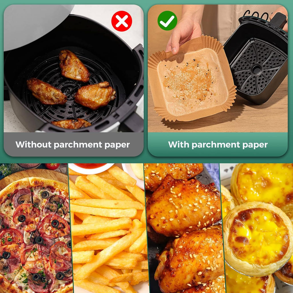 Air Fryer Paper Liners, 125Pcs Parchment Paper, Air Fryer Liners Disposable for Microwave, Non-Stick Air Fryer Liner Square Free of Bleach (8IN)