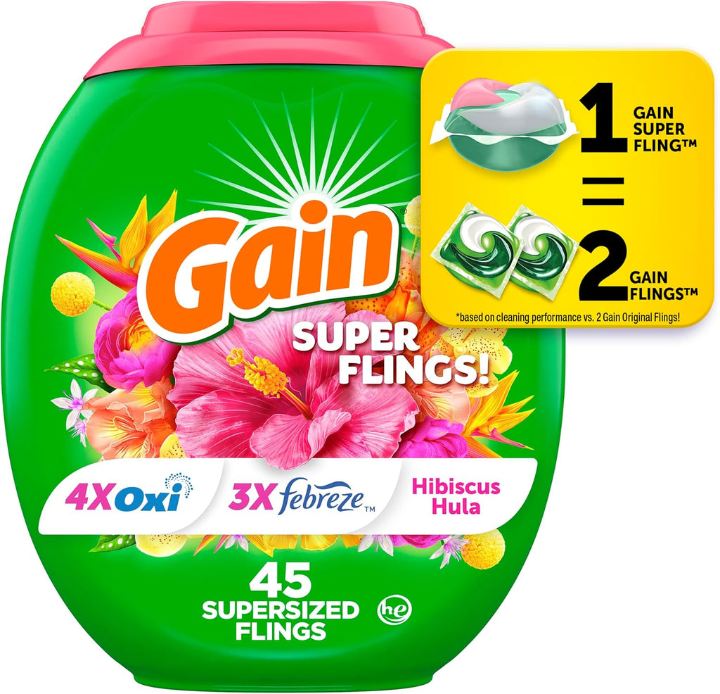 Gain Super Flings Laundry Detergent Pacs, 45 Count, Hibiscus Hula scent, irresistibly clean and fresh washing detergent laundry soap pacs