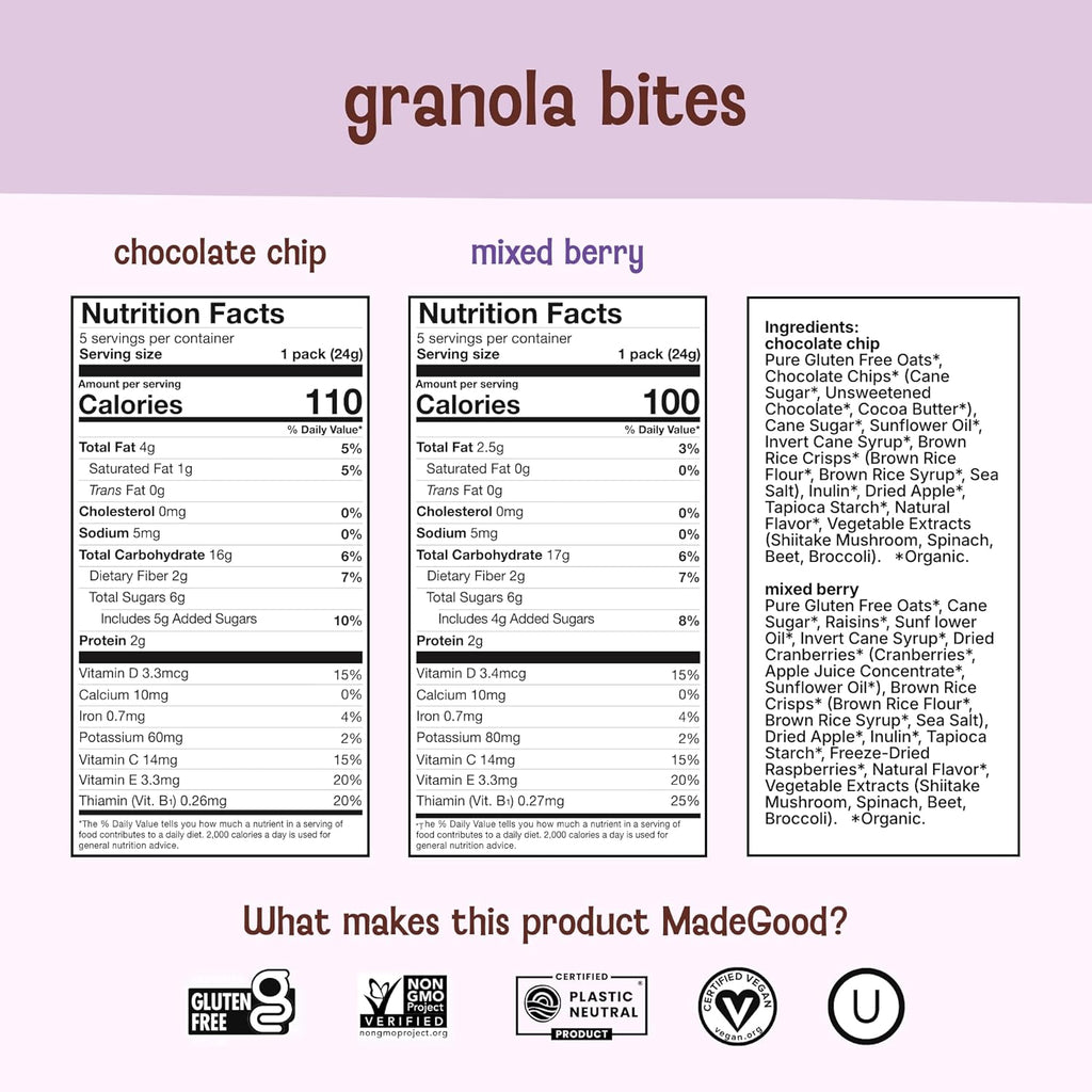MadeGood Granola Bites Chocolate Chip & Mixed Berry Variety Pack (28 Count) Gluten Free and Organic Snacks