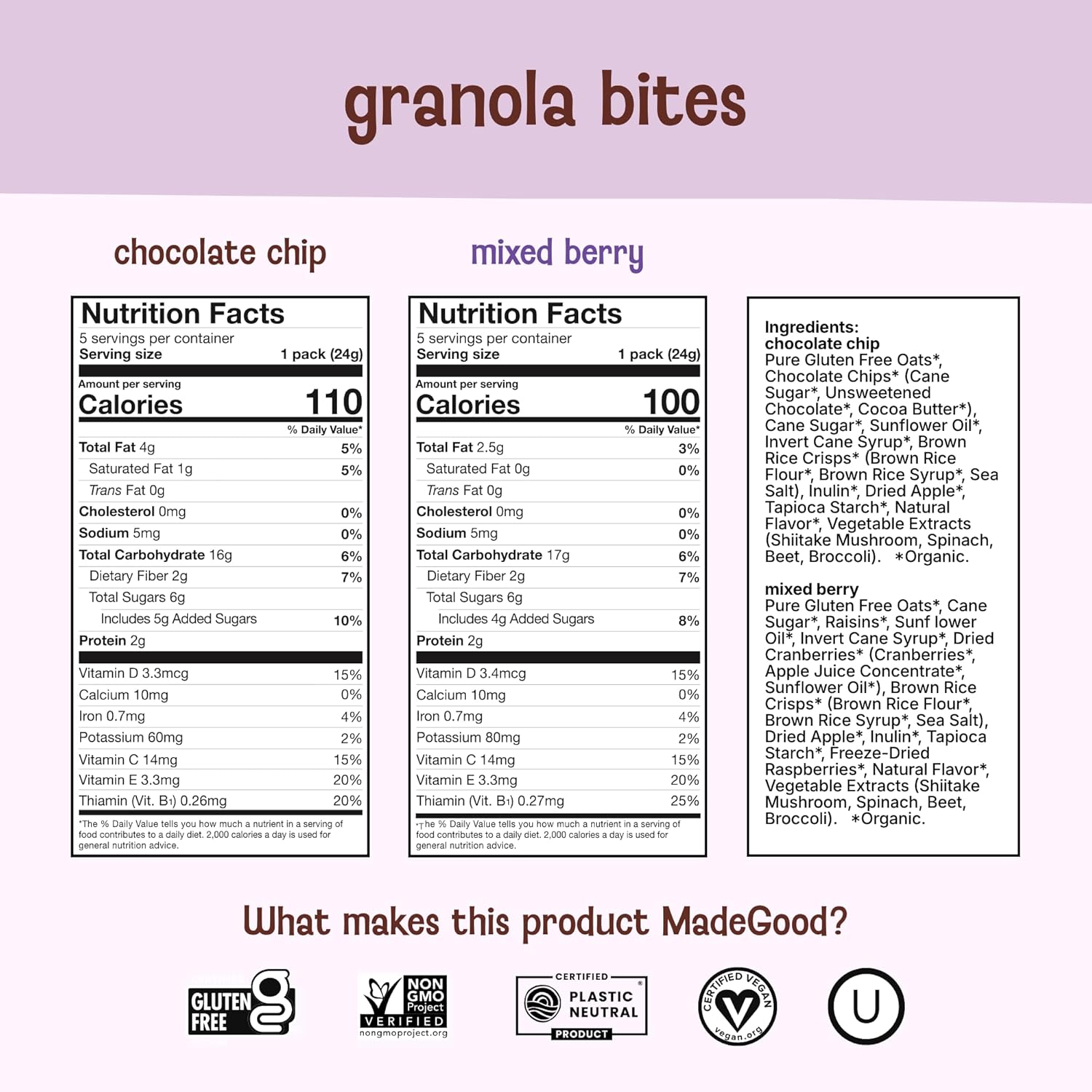 MadeGood Granola Bites Chocolate Chip & Mixed Berry Variety Pack (28 Count) Gluten Free and Organic Snacks