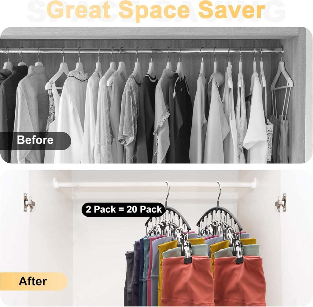 Legging Organizer for Closet, Metal Yoga Pants Hangers 2 Pack w/10 Clips Holds 20 Leggings, Space Saving Hanging Closet Organizer w/Rubber Coated Closet Organizers and Storage, Black