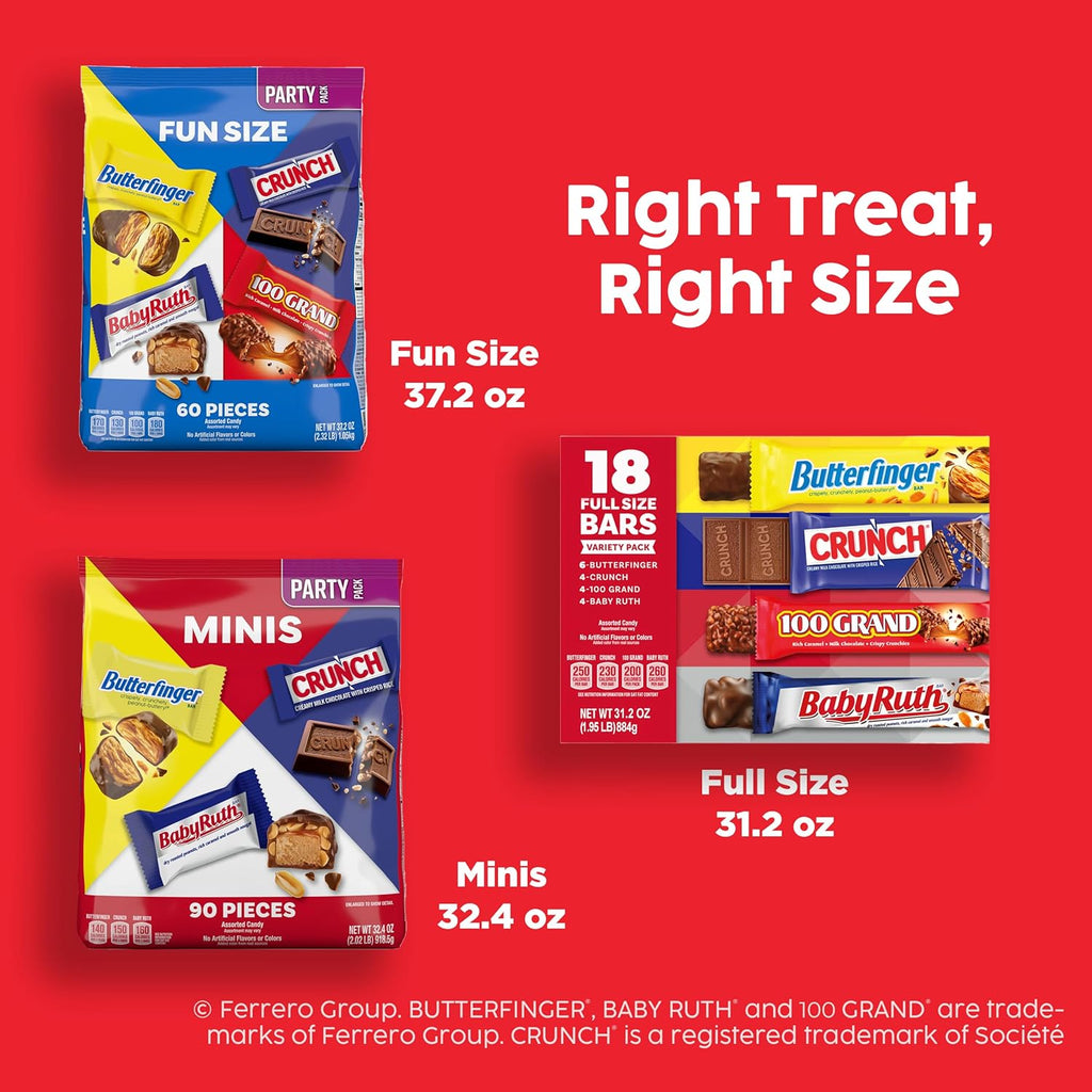 Butterfinger, CRUNCH, Baby Ruth, 100 Grand Fun Size Assorted Candy Bars, Great for Sharing, Bulk 60 Count Pack, 37.2 oz