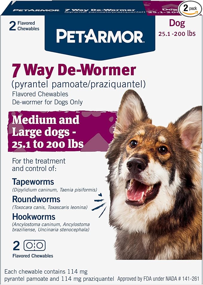 PetArmor 7 Way De-Wormer for Dogs, Oral Treatment for Tapeworm, Roundworm & Hookworm in Large Dogs & Puppies (Over 25 lbs), Worm Remover, Puppy Dewormer (Praziquantel & Pyrantel Pamoate), 2 Chewables