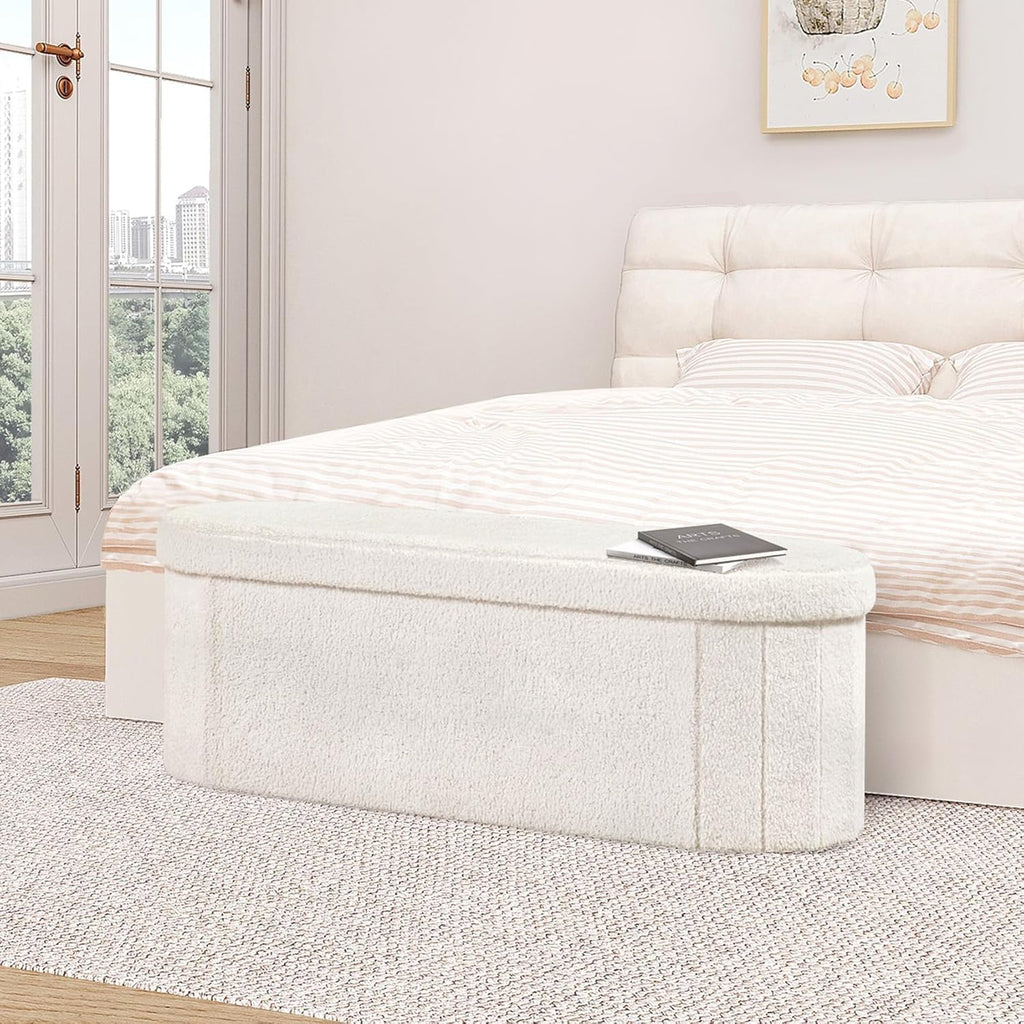 B FSOBEIIALEO Ottoman with Storage for Living Room, Sherpa Folding Storage Ottoman Foot Rest, 43.3 Inches Collapsible Bedroom Bench White
