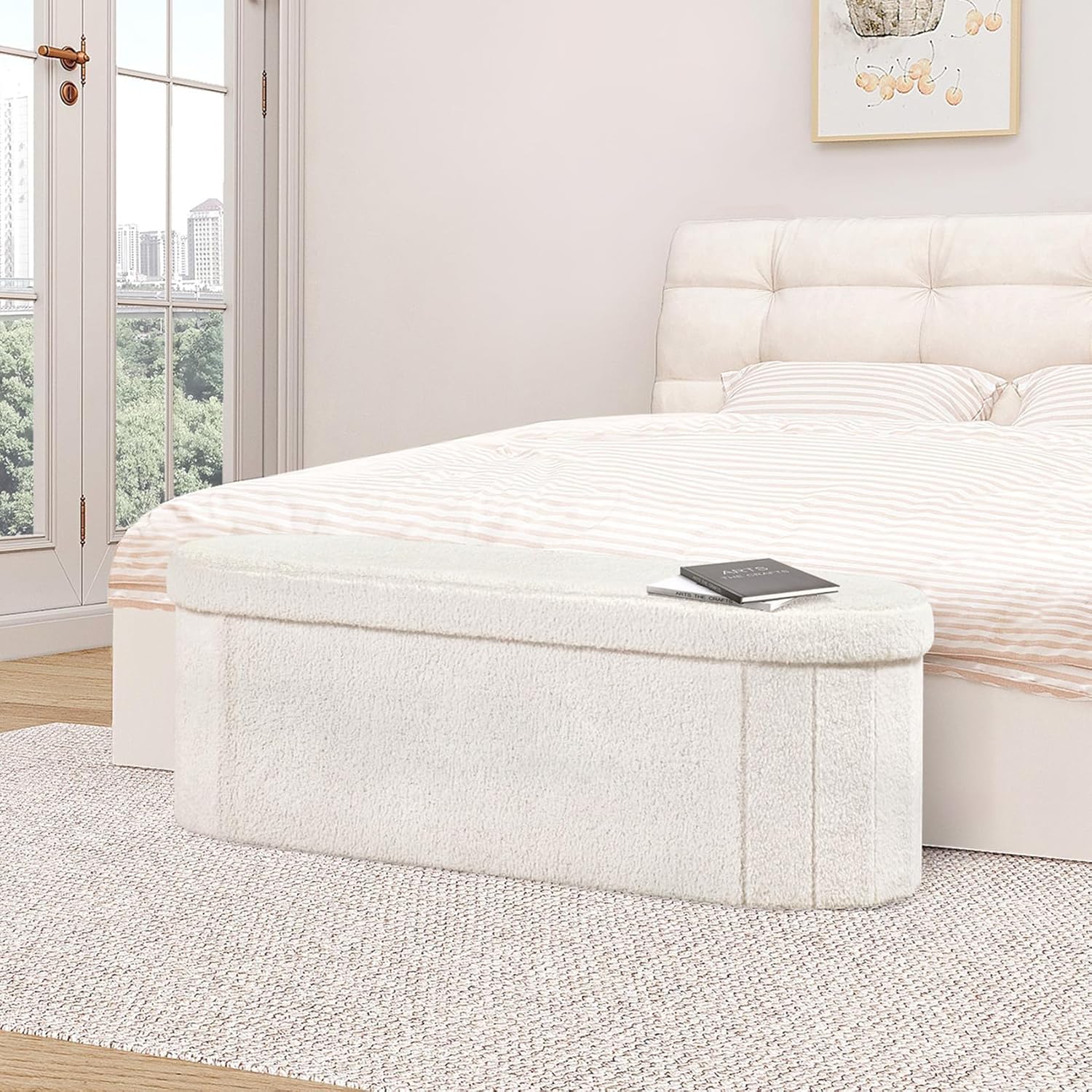 B FSOBEIIALEO Ottoman with Storage for Living Room, Sherpa Folding Storage Ottoman Foot Rest, 43.3 Inches Collapsible Bedroom Bench White