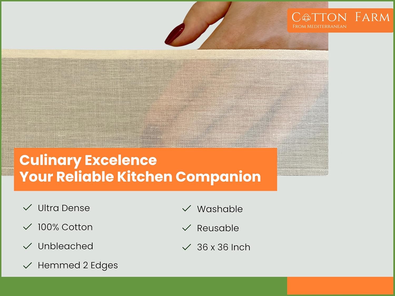Cotton Farm Grade 100 XL Cheese Cloth - Straining & More; 36x36 Inch; 100% Unbleached Cotton Cheesecloth; Reusable with Hemmed 2 Edges; Ultra-Dense (the finest) Butter Muslin