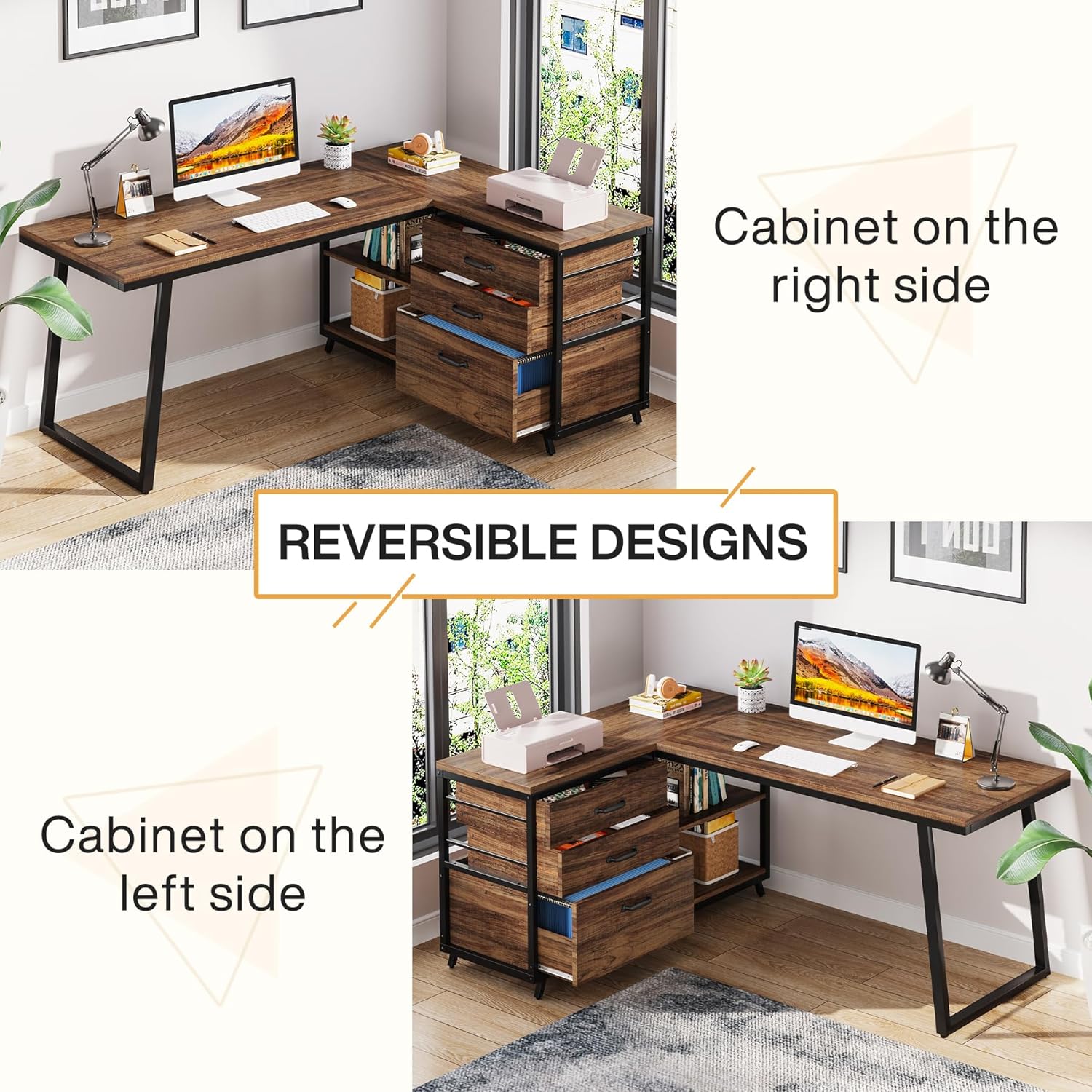 Tribesigns L-Shaped Computer Desk with 3 Drawers, Reversible Corner Home Office Desk with Shelves, 53-Inch Industrial PC Desk Study Writing Table Workstation for Small Space, Rustic Brown