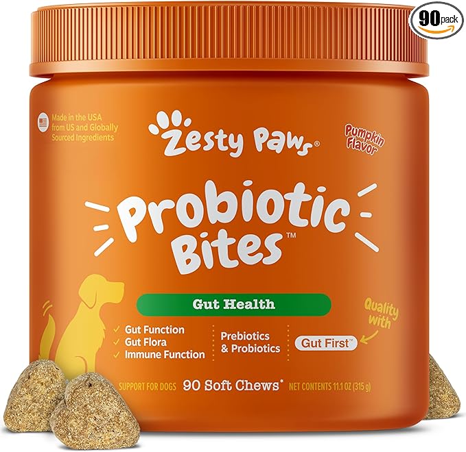 Zesty Paws Probiotics for Dogs - Digestive Enzymes for Gut Flora, Digestive Health, Diarrhea & Bowel Support - Clinically Studied DE111 - Dog Supplement Soft Chew for Pet Immune System - Pumpkin, 90ct