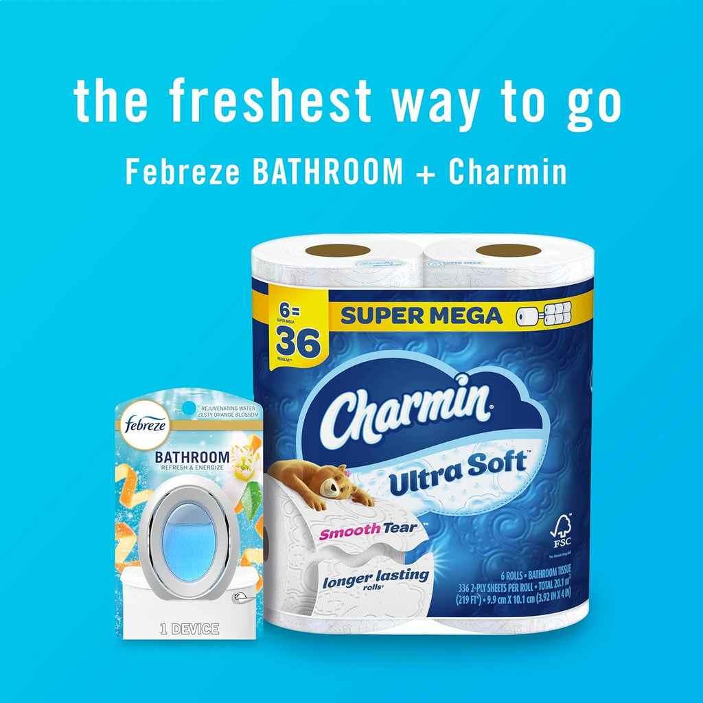 Febreze Bathroom Air Freshener, Odor-Fighting, Plug In Alternative, Air Fresheners for Home, Bathroom, & Kitchen, Closet Air Fresheners, Pet & Litter Box Odor Fighter, Refresh & Energize Scent, 4ct