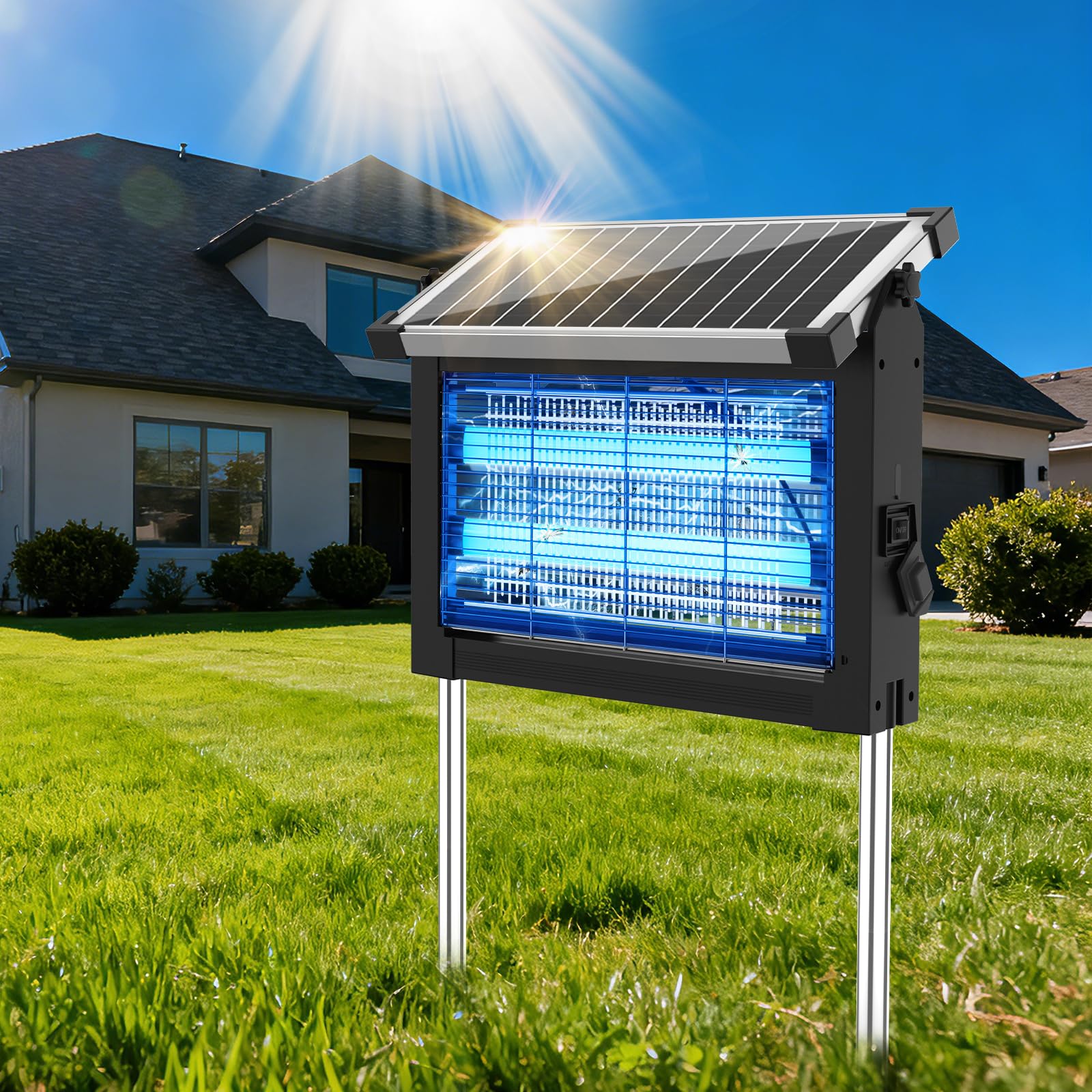 OnBeam Solar Bug Zapper Outdoor, 4500V Mosquito Zapper Fly Trap for Patio | 10W Solar Panel, IPX5 Waterproof, Auto Mode, Solar Powered, USB C Charging, Electric Rechargeable Mosquito Killer for Garden