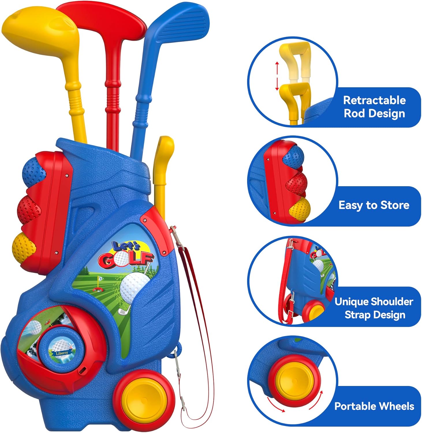 Liberry Toddler Golf Set, Upgraded Kids Golf Cart with Unique Shoulder Strap Design, Indoor Outdoor Sports Toys Gifts for Boys Girls 1 2 3 4 Years Old