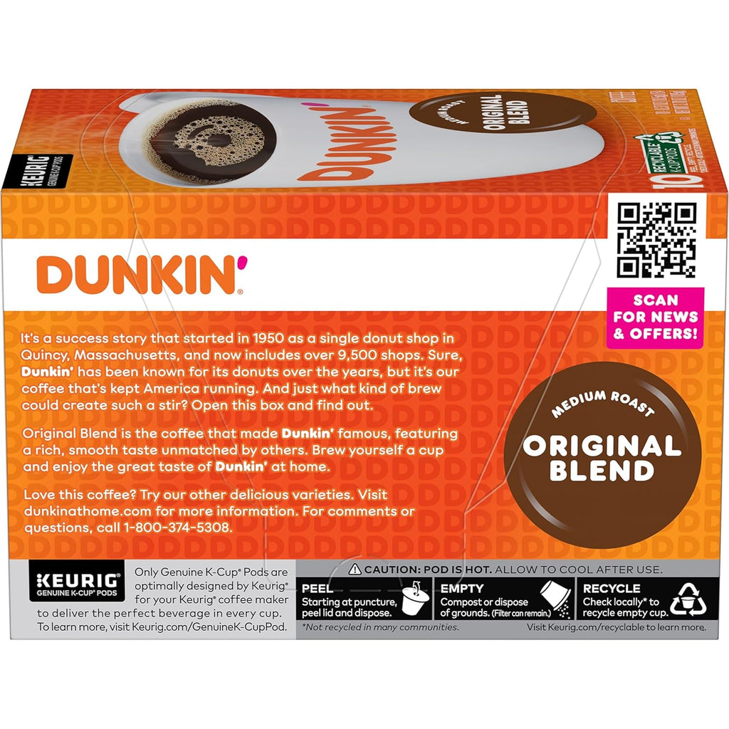 Dunkin’ Original Blend Coffee, Medium Roast, K-Cup Pods, Keurig K-Cup Pods, 10 Count Boxes (Pack of 6)