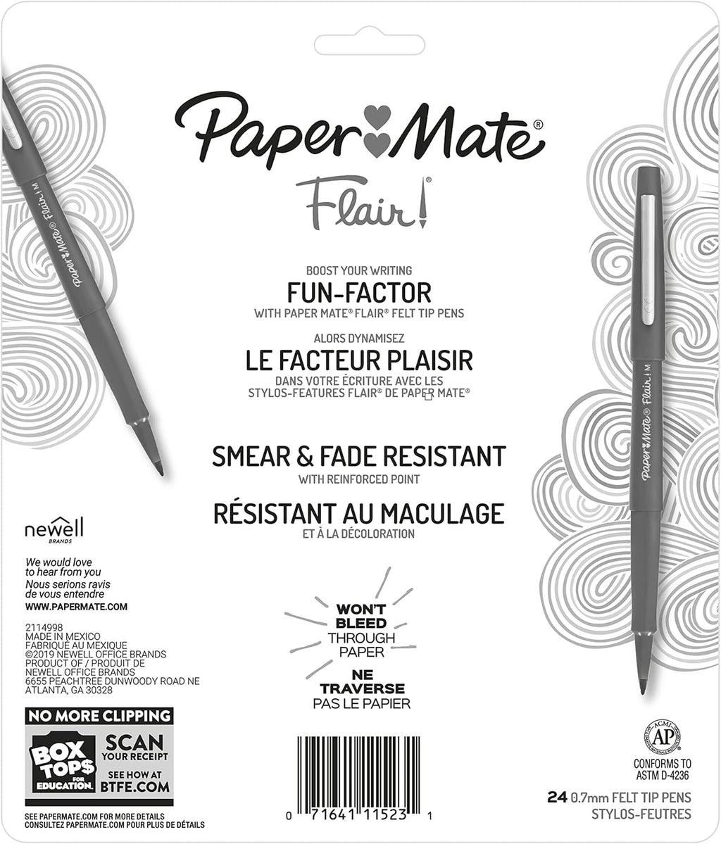 Paper Mate Felt Tip Pens, Flair Marker Pens, Medium Point, Assorted, 24 Count - Home, Office, Back to School, Teacher Supplies