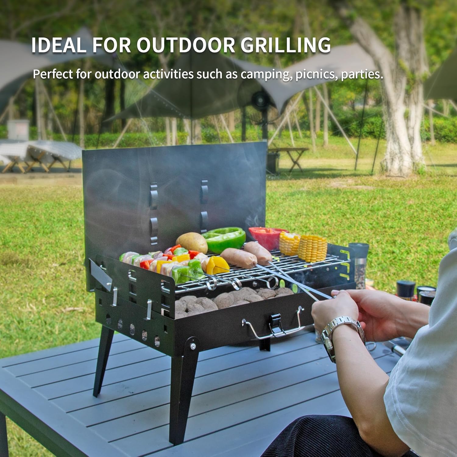 MASTER COOK Portable Charcoal Grill, Foldable BBQ Grill Kit Easy to Carry, Mini Tabletop Grill for Outdoor Camping, Patio and Picnic, 17.1”*10.8”*2.5”