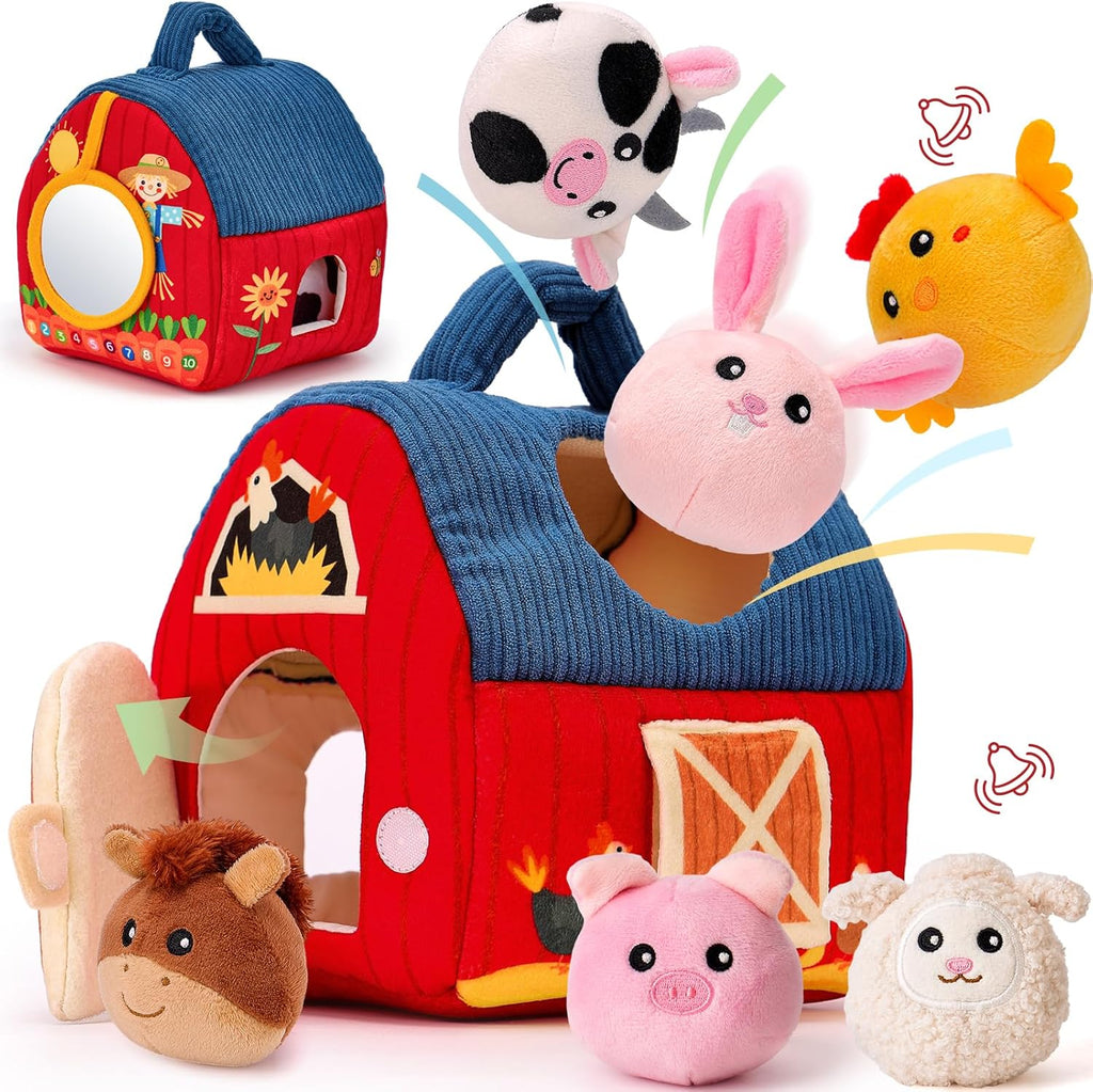 hahaland Baby Toys 6-12 Months - Surprise Barn Stuffed Farm Animals, Rattle, Crinkle, Mirror, Montessori Toys for 6 Month Old Babies Sensory Balls Toddlers 1-3 Gifts Baby Stocking Stuffers