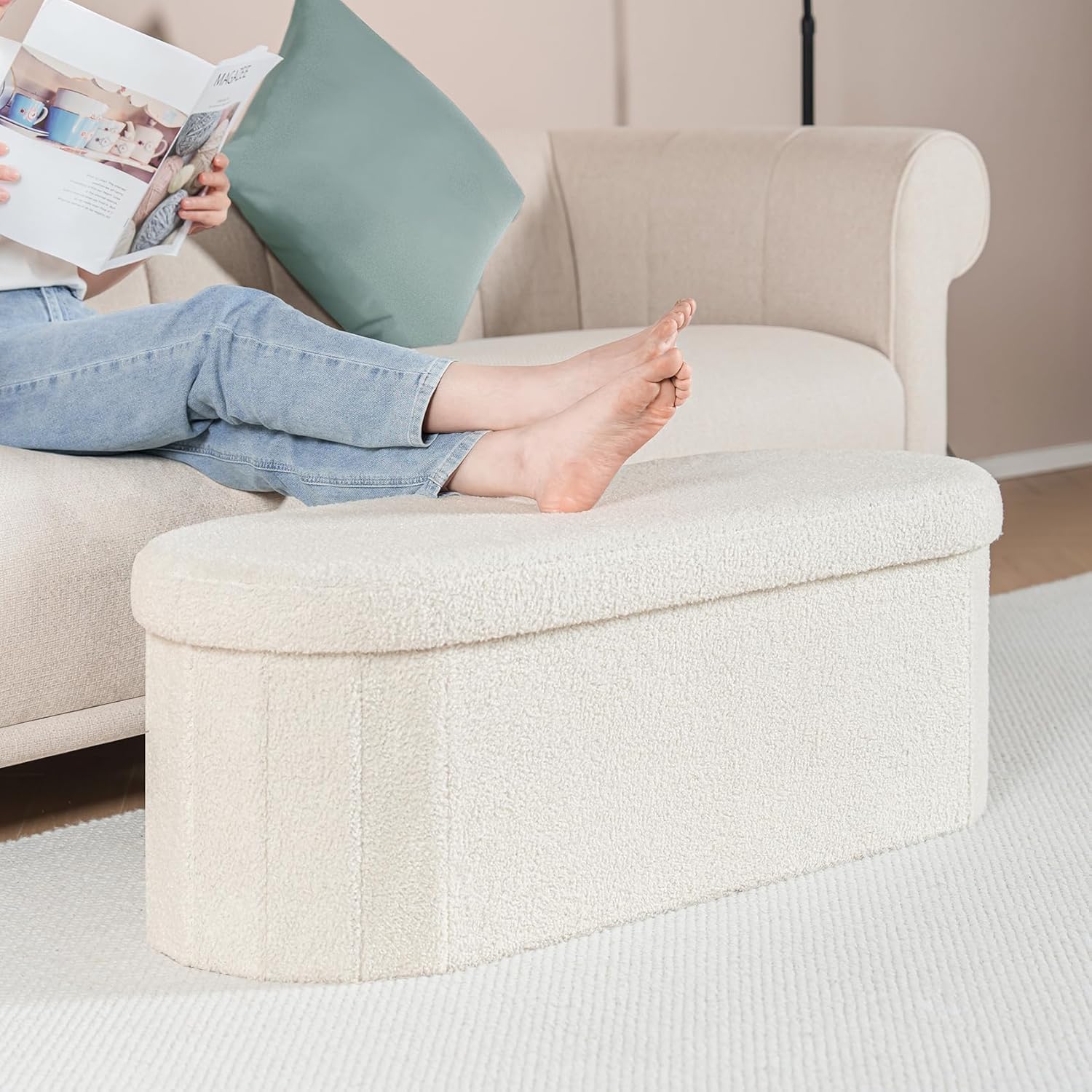 B FSOBEIIALEO Ottoman with Storage for Living Room, Sherpa Folding Storage Ottoman Foot Rest, 43.3 Inches Collapsible Bedroom Bench White