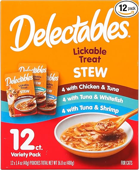 Delectables Lickable Treat Stew Wet Cat Treat Variety Pack, Food Topper, Hydrating, Grain-Free, No Fillers, No By-Products, No Added Preservatives, 1.4oz Pouch, 12ct