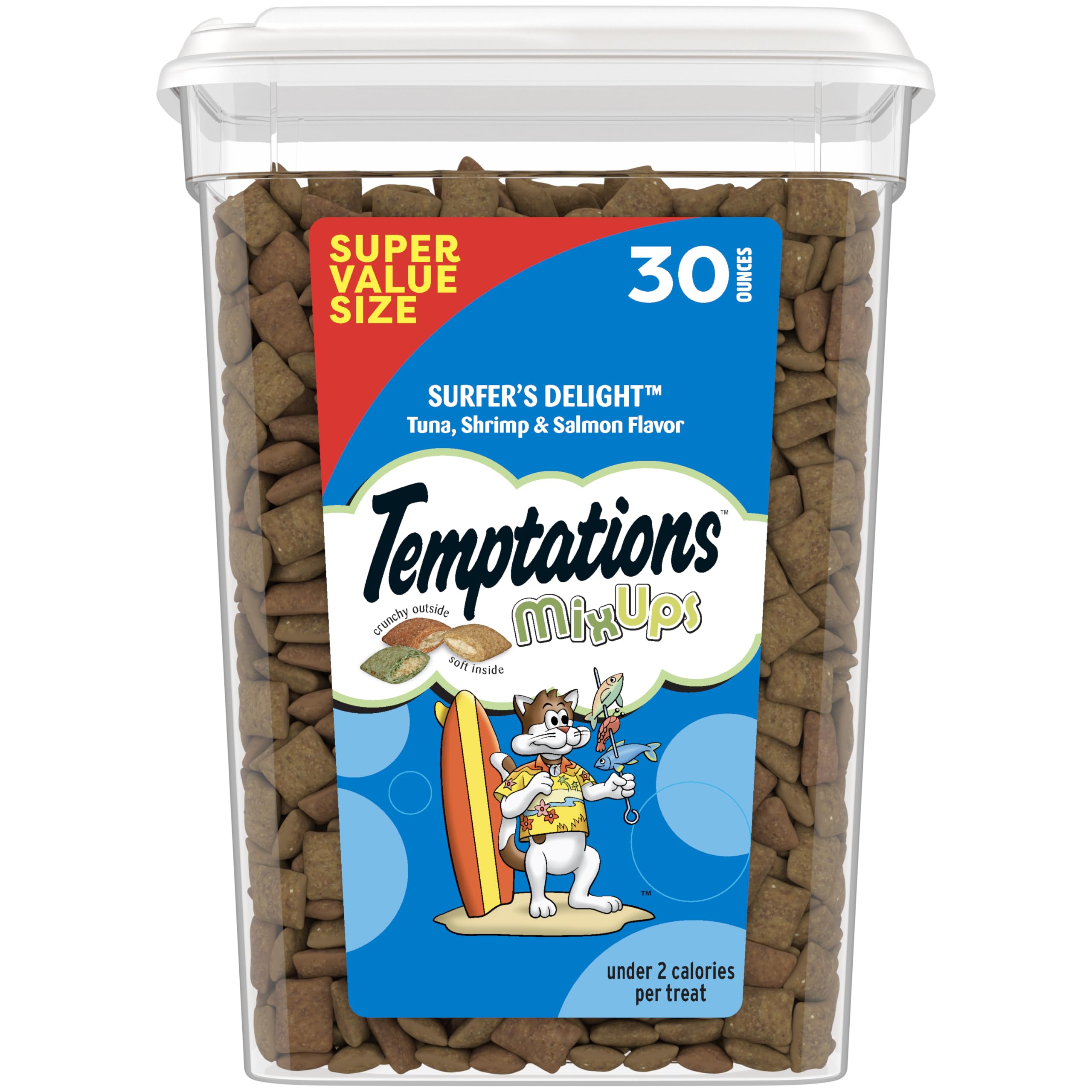 Temptations Cat Treats MixUps Surfer's Delight, Tuna, Shrimp, Salmon Flavor, Crunchy and Soft Cat Treats, 30 oz. Tub
