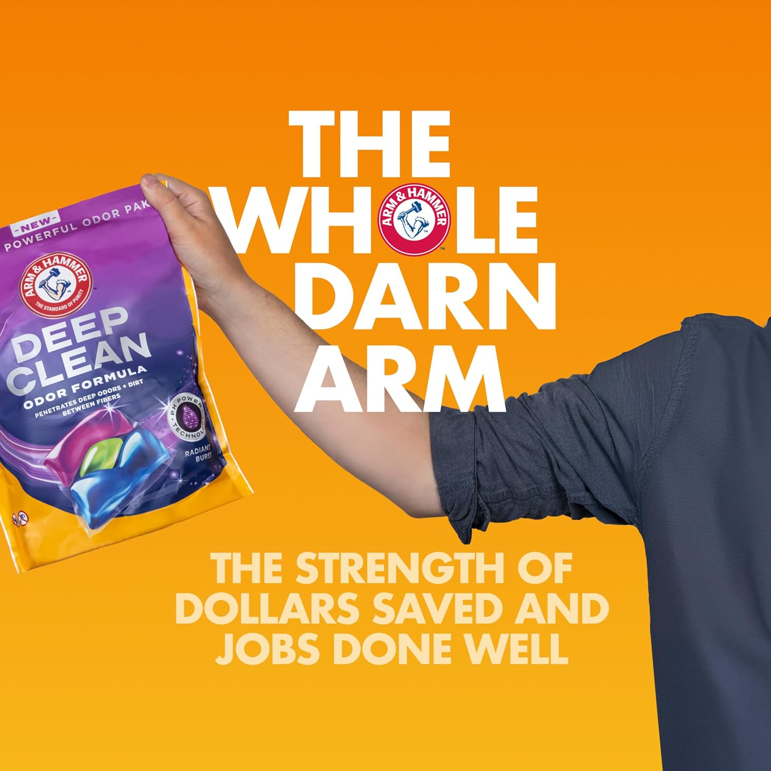 ARM & HAMMER™ Deep Clean Odor Formula Laundry Detergent Power Paks, Laundry Odor Remover, Radiant Burst Scent, 44 Count, 44 Loads