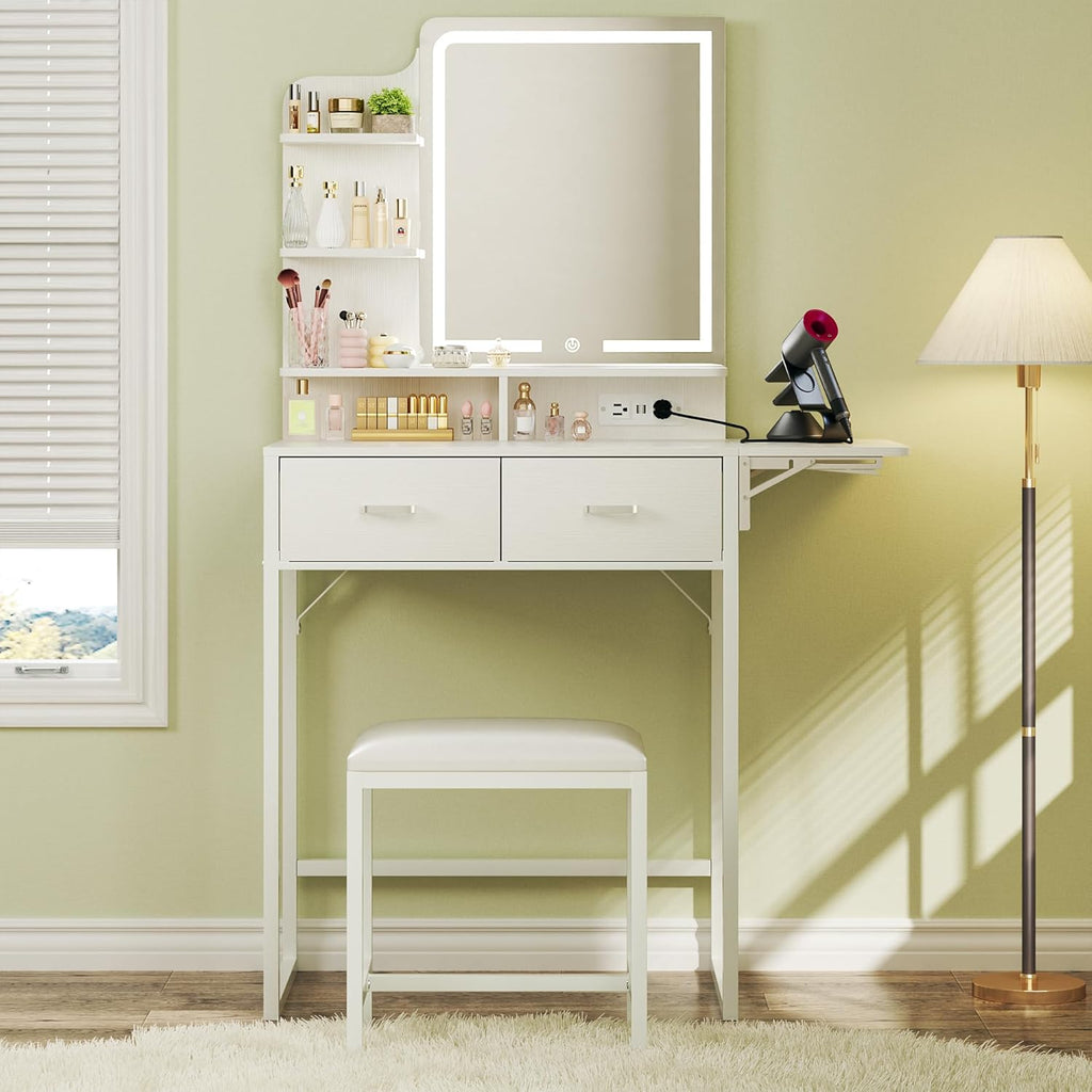 Small Vanity Desk with Mirror and Lights, Makeup Vanity with Fabric Storage Drawer, Chair and Three Shelves, White Vanity with Power Outlet and Fold-up Panel, Bedroom