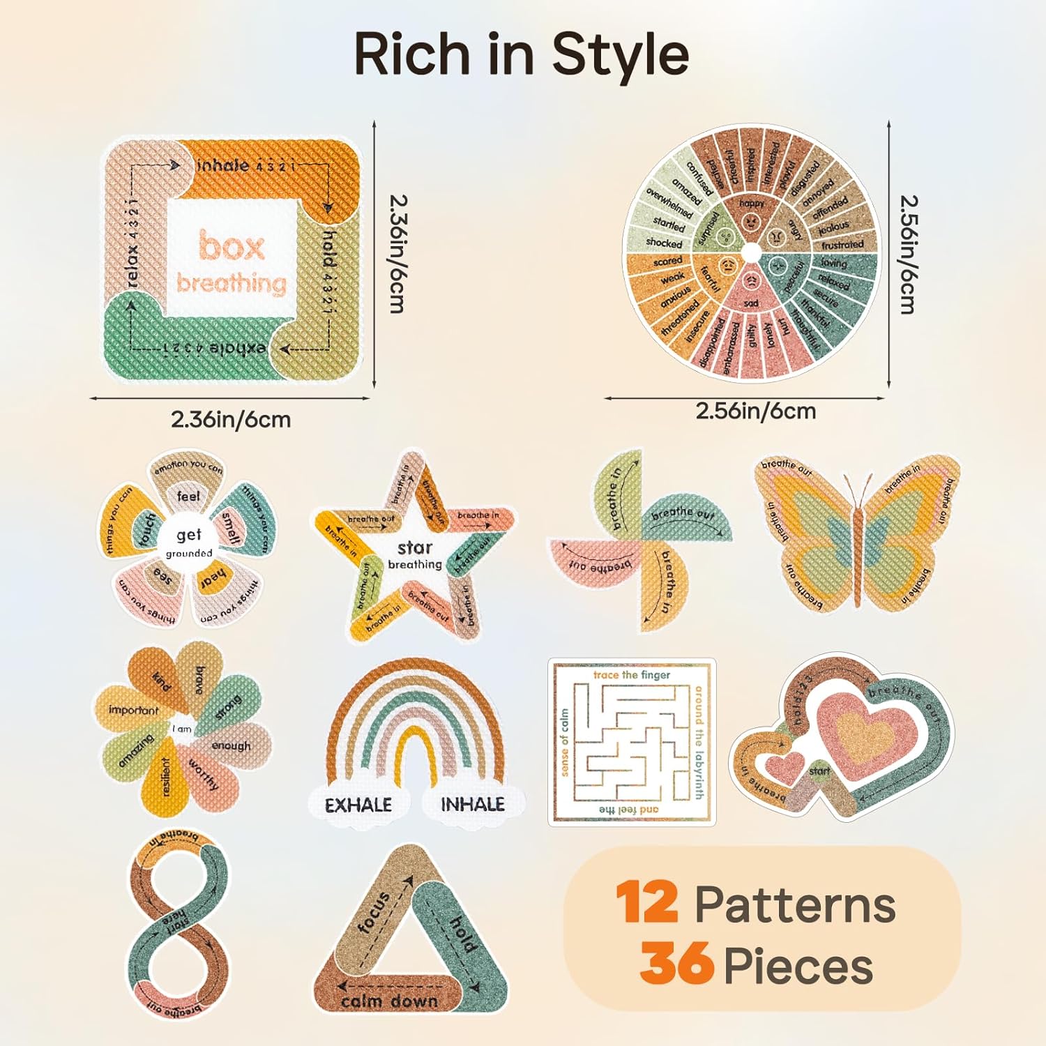 Sensory Strips for Anxiety Calming Stickers, 36Pcs 2 Textured for Mood Calming, Breathing Mindfulness Fidget Sticker for Kids, Anxiety Relief at Office & Classroom Desk
