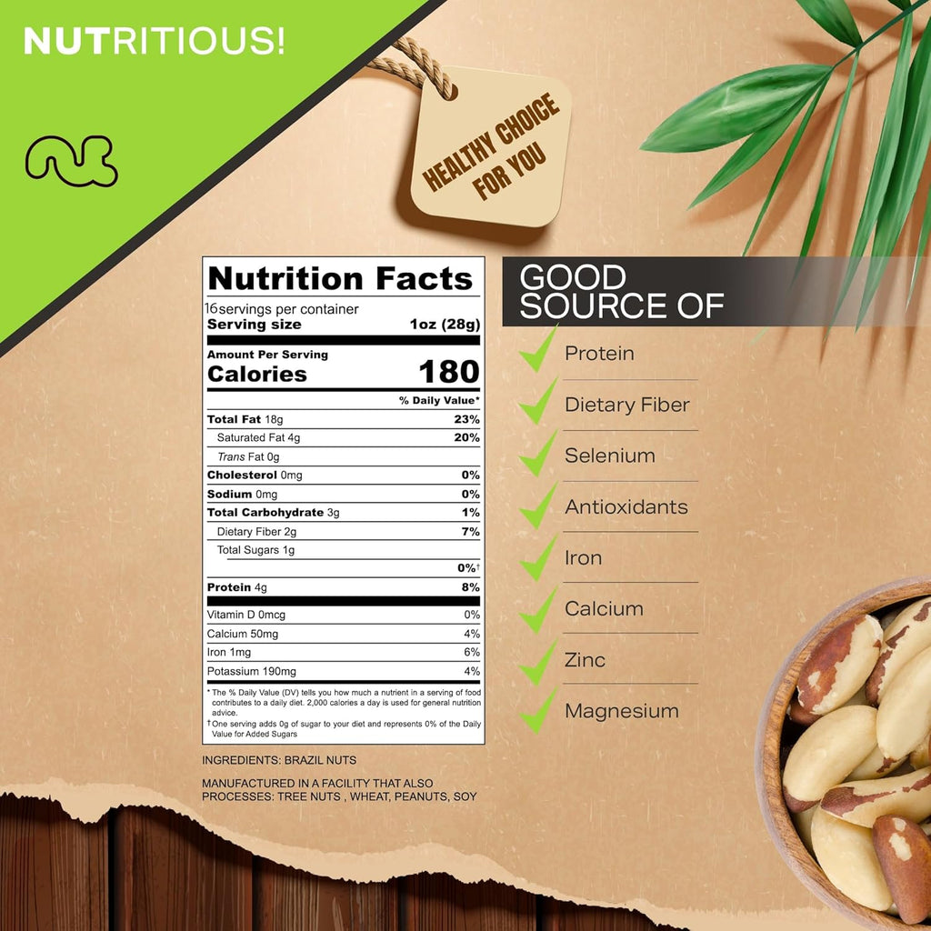 NUT CRAVINGS - Raw Brazil Nuts, Unsalted, No Shell, Whole, (16oz - 1 LB) Packed Fresh in Resealable Bag - Kosher Healthy Snack, Food Assortments
