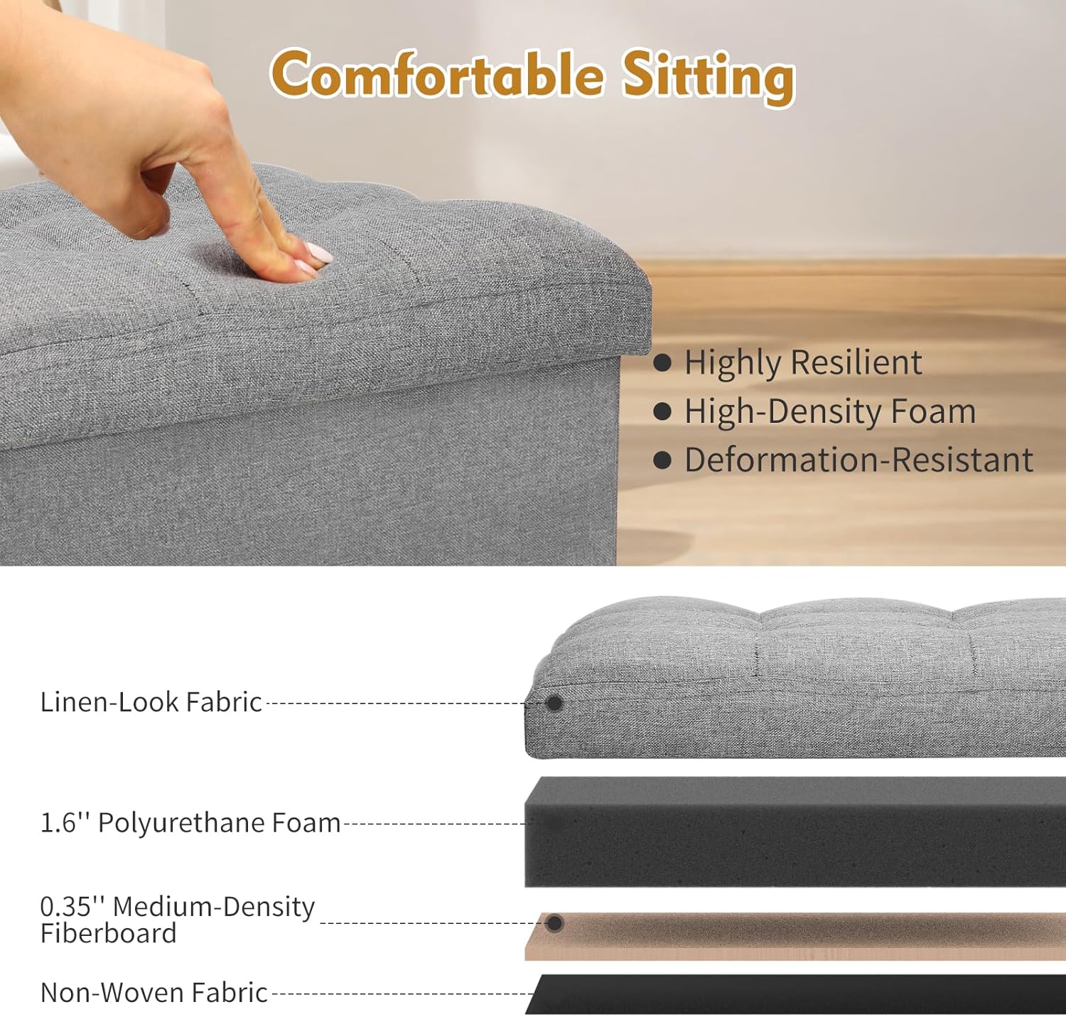 Storage Ottoman with Extra Thick Foam Padded Seat, Foldable Foot Rest Stool with Linen Fabric, 43L Ottoman with Storage Bench for Bedroom Living Room, Holds Up to 300lbs, 17x13x13in, Dark Gray