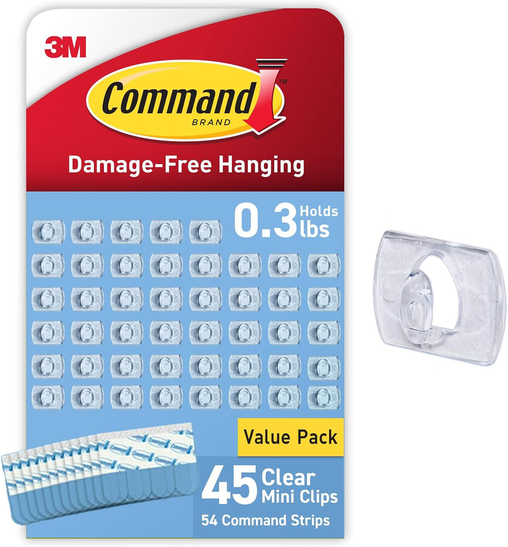 Command Indoor Mini Light Clips, 45 Clear Clips and 54 Command Strips, Damage Free Hanging Christmas Decorations, Wall Clips for Hanging Lights and Cable Management, Holds up to 0.3 lb