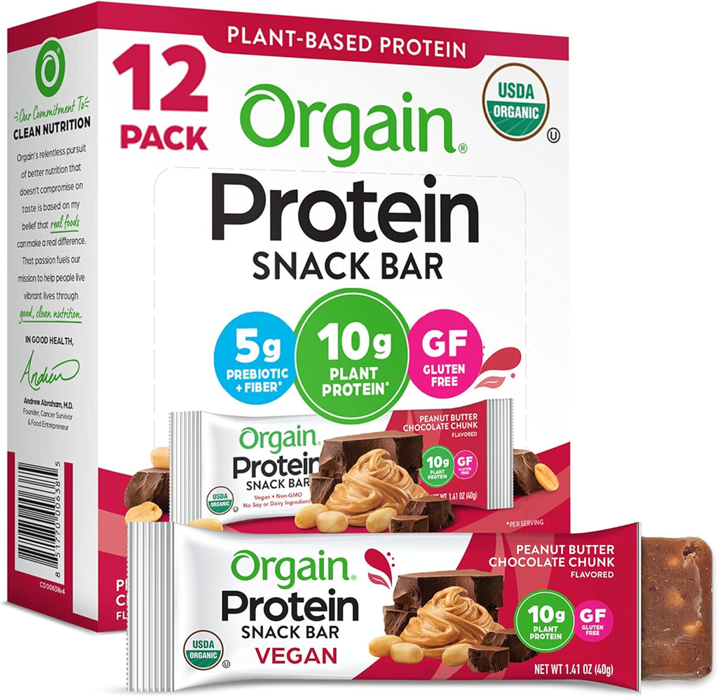 Orgain Organic Vegan Protein Bars, Peanut Butter Chocolate Chunk - 10g Plant Based Protein, Low Calorie Healthy Snacks, No Lactose or Soy Ingredients, Gluten Free, Non-GMO - 1.41 Oz (Pack of 12)